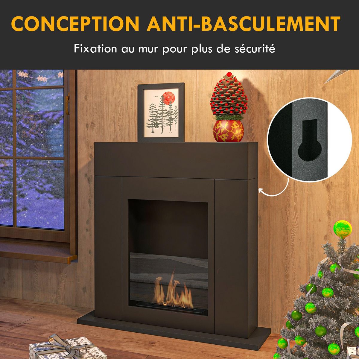 HOMCOM Cheminée bioéthanol design contemporain - brûleur 0,9 L - contrôle de flamme inclus - acier noir verre trempé
