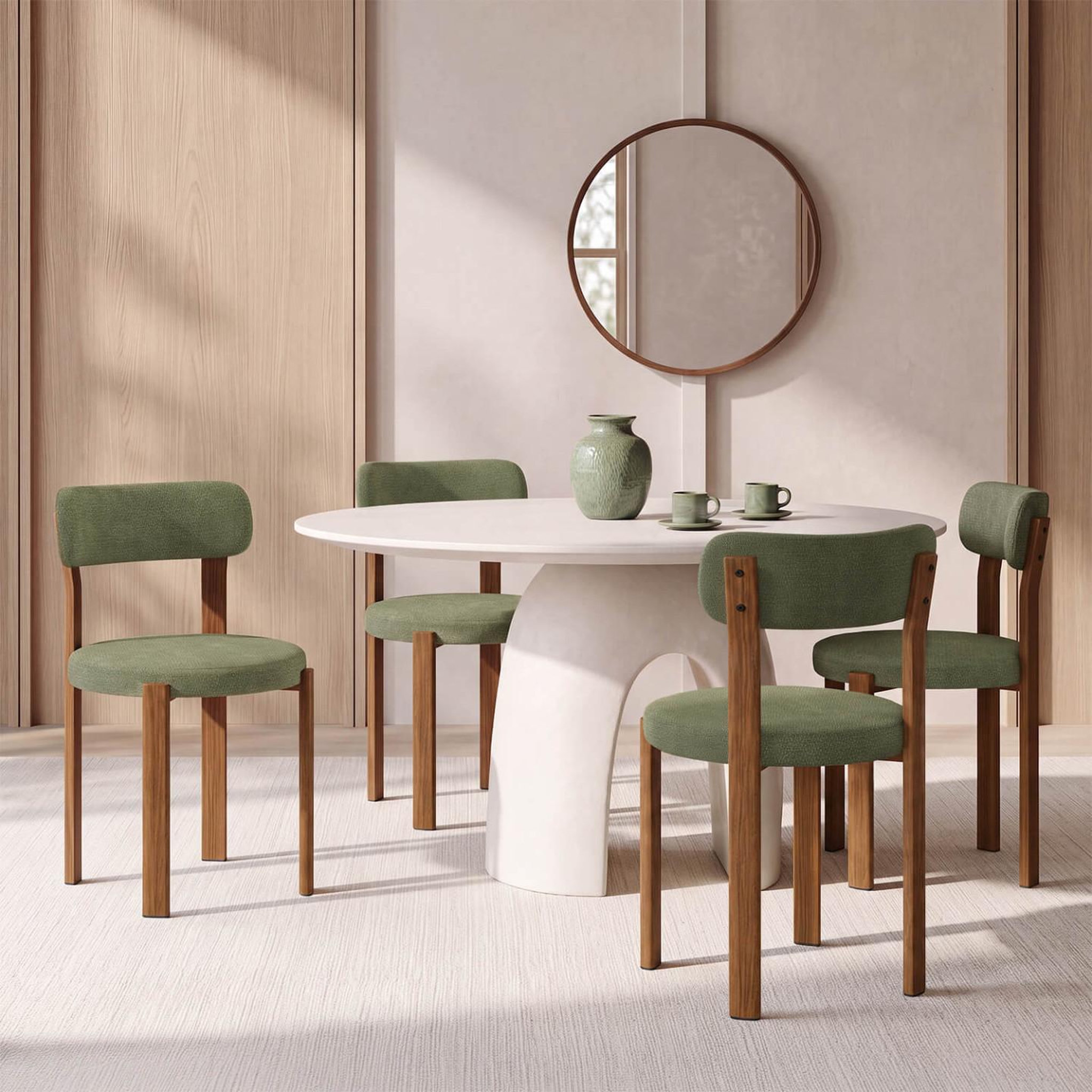 Voir la diapositive 2 : ID MARKET Lot de 4 chaises nella en tissu chenille verte pieds noyer pour salle à manger