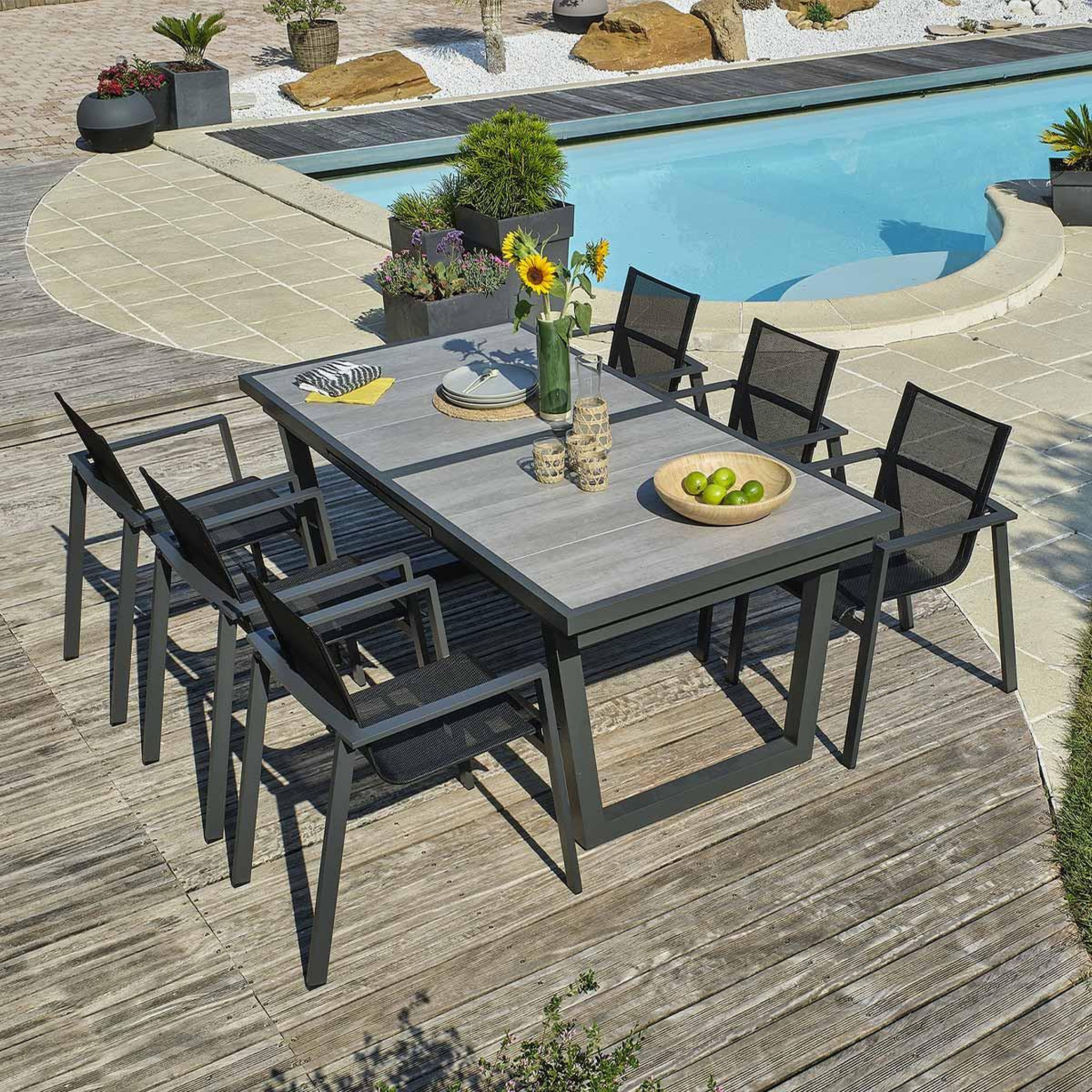Voir la diapositive 2 : DCB GARDEN Ensemble Table de jardin Extensible en Céramique & 6 Fauteuils  Olhos  191-251cm Gris Anthracite