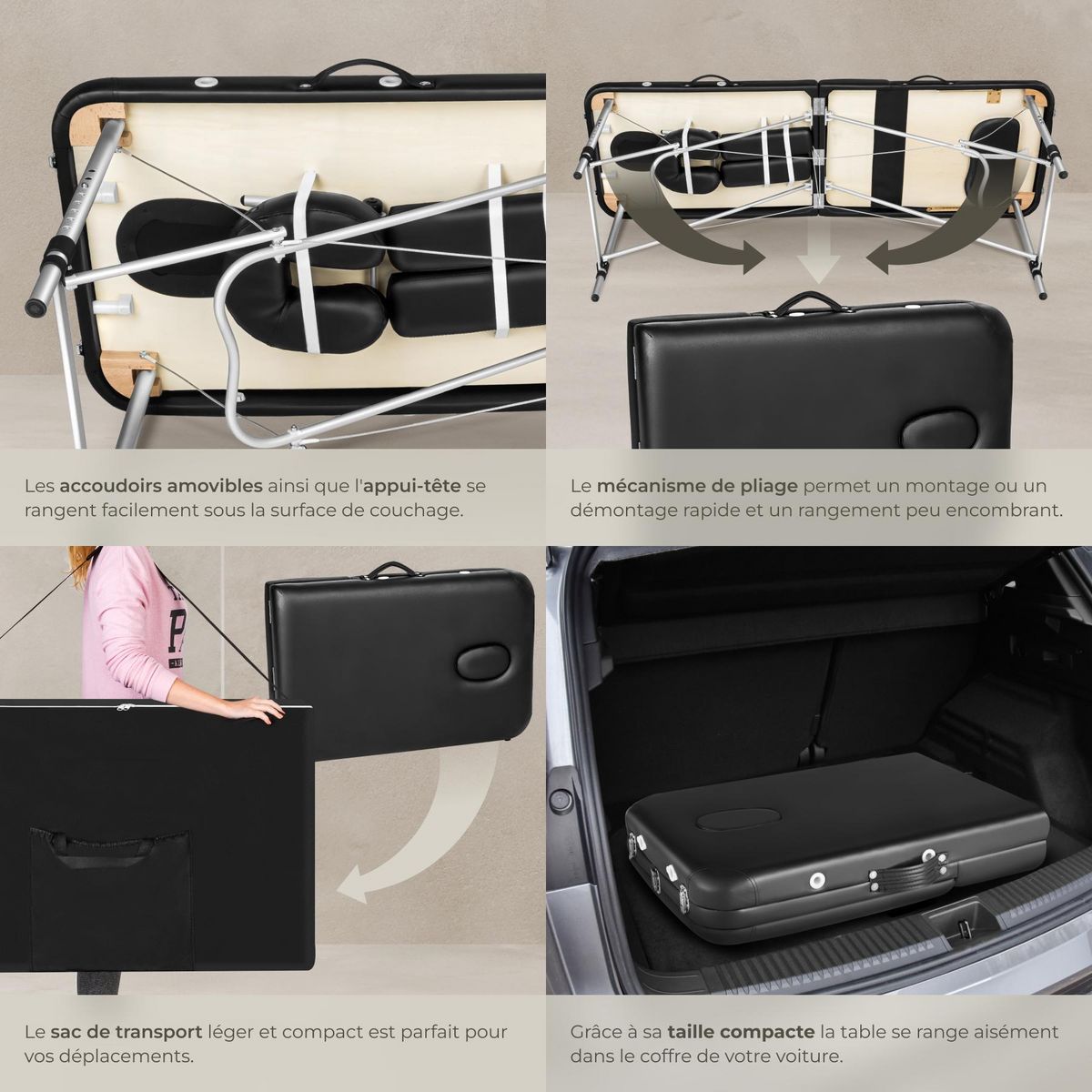 tectake Table de massage 3 zones largeur 61 cm et rembourrage 5 cm noir