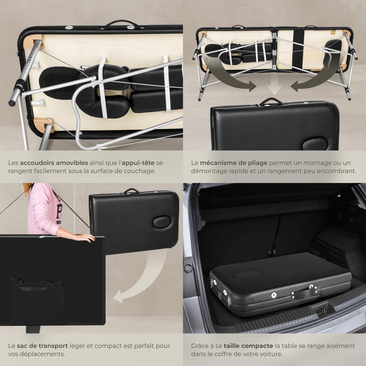 tectake Table de massage 3 zones largeur 61 cm et rembourrage 5 cm noir