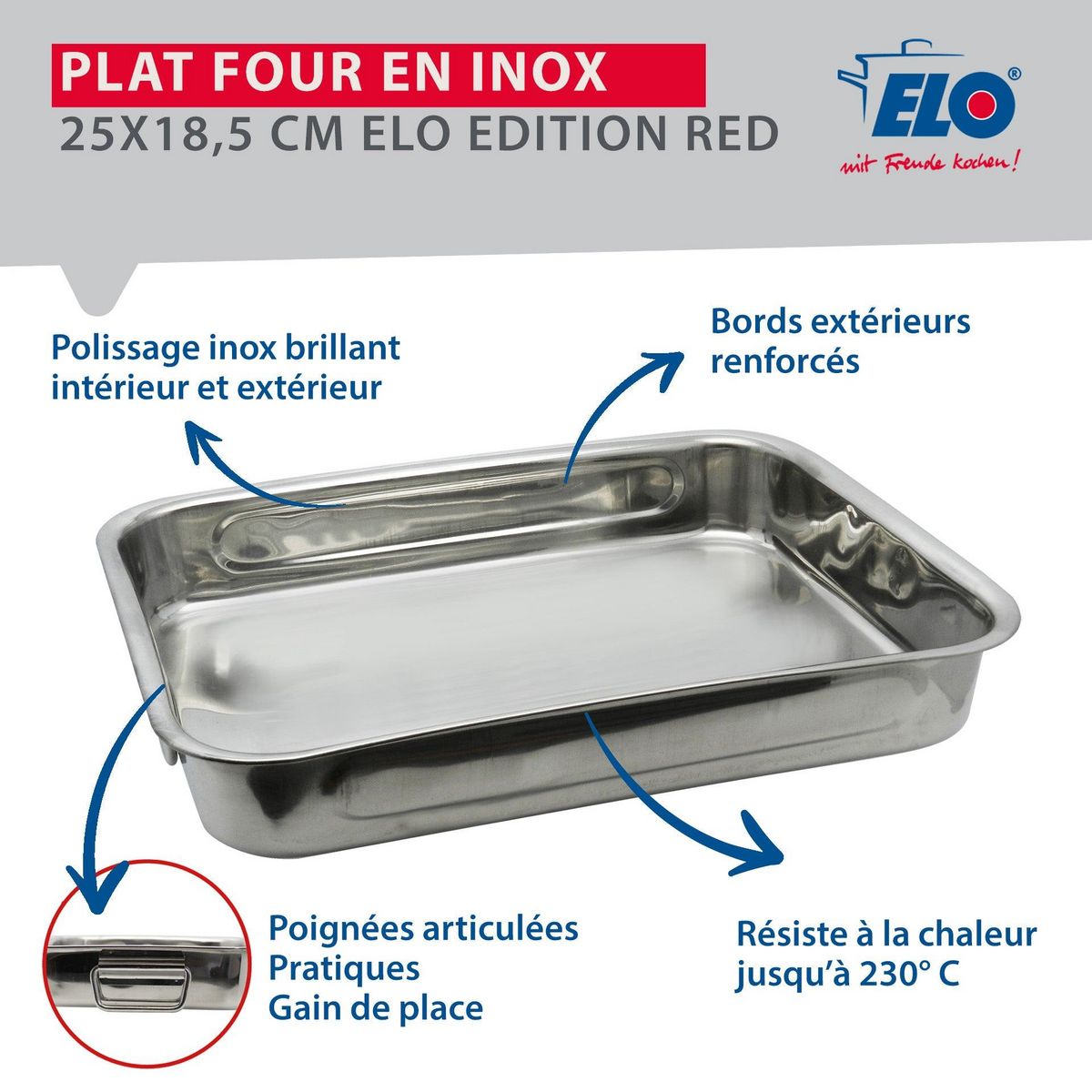 ELO Plat four en inox rectangulaire 27,5 x 20,4 x 6 cm en extérieur Elo Edition Red
