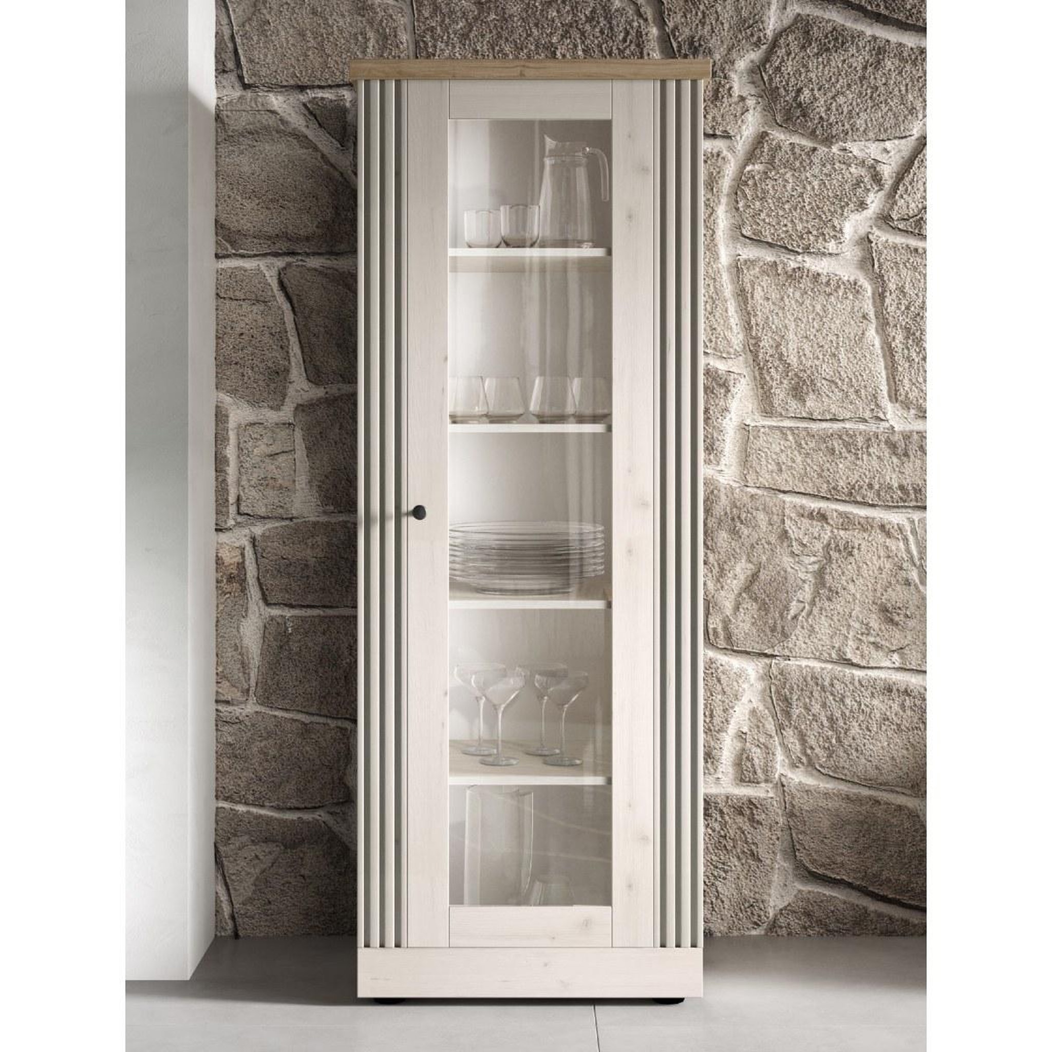 Voir la diapositive 2 : JLC KREATION Vitrine 1 porte vitrée coloris blanc et chêne naturel YANIS