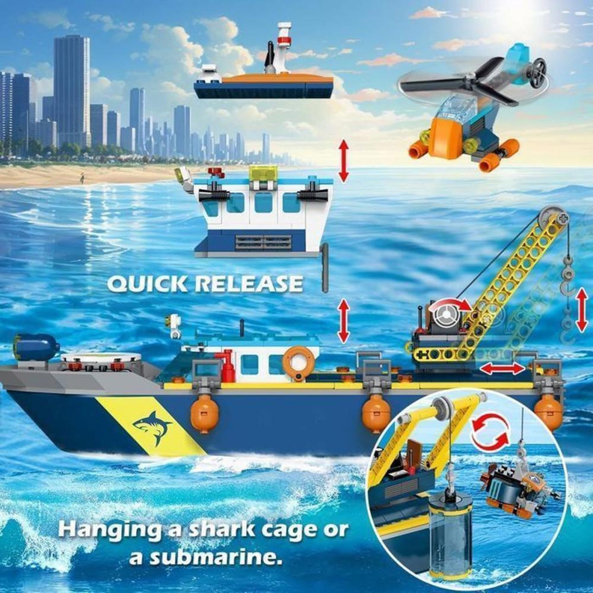 Voir la diapositive 4 : Ensemble de construction CD/LED HOGOKIDS Arctic Exploration : bateau d'exploration flottant, 542 pièces, grue, cage à requins, sous-marin et hélicoptère