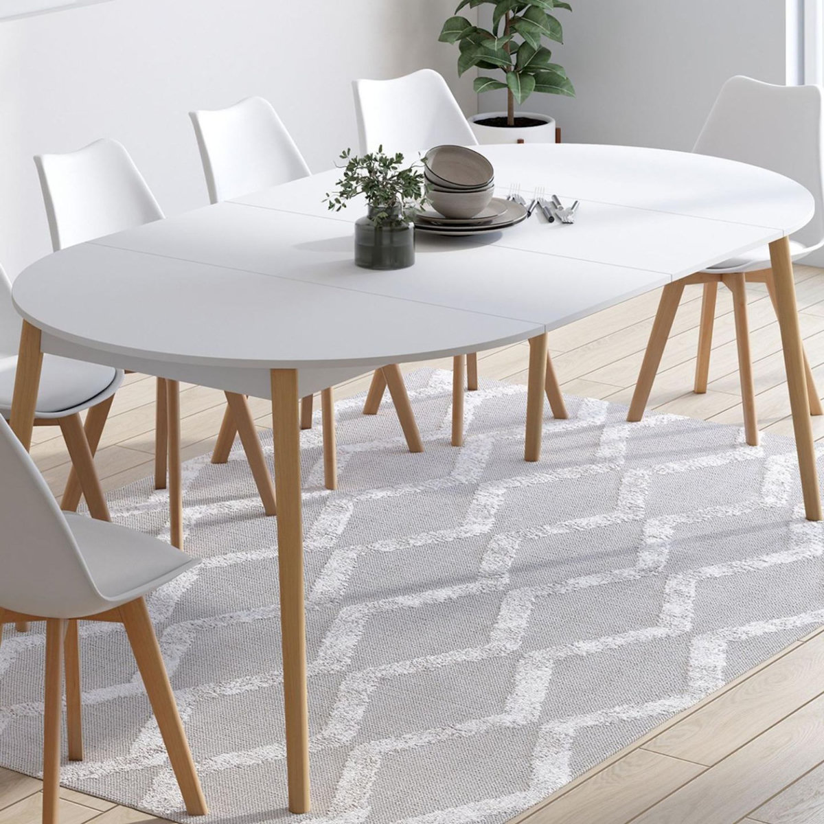 ID MARKET Table à manger extensible ronde ANGELA 4-10 personnes blanc pied bois 110 - 200 cm
