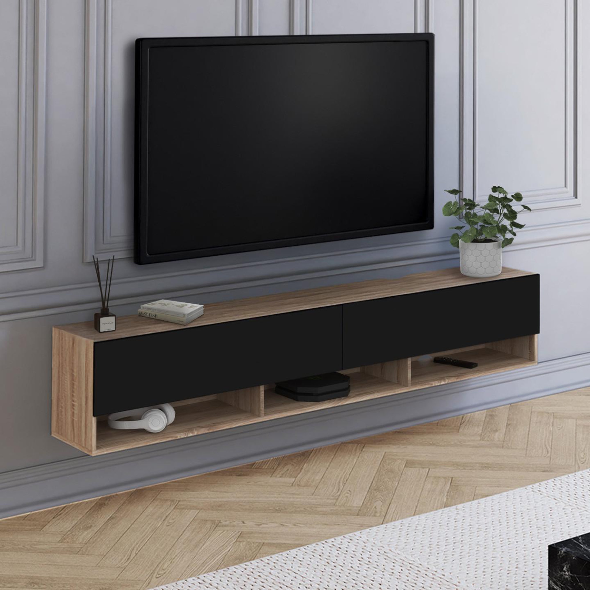 Voir la diapositive 2 : ID MARKET Meuble tv 180 cm suspendu elio 2 portes avec étagère bois et noir