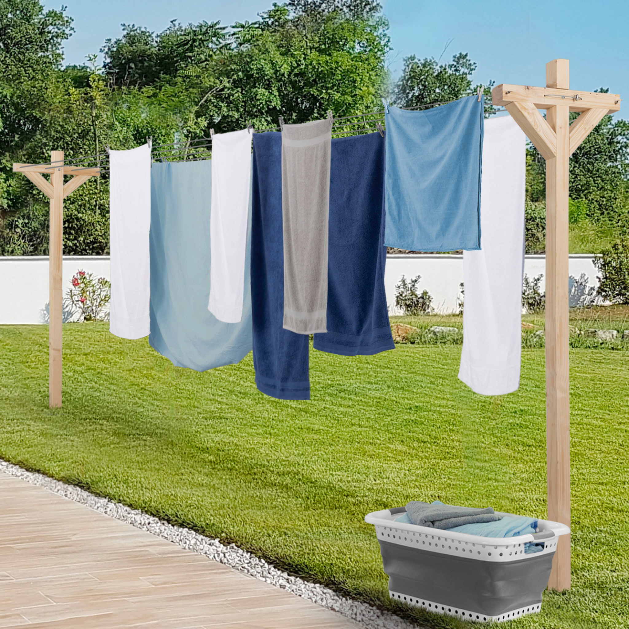 Voir la diapositive 2 : ID MARKET Etendoir à linge extérieur madera capacité 12m en bois