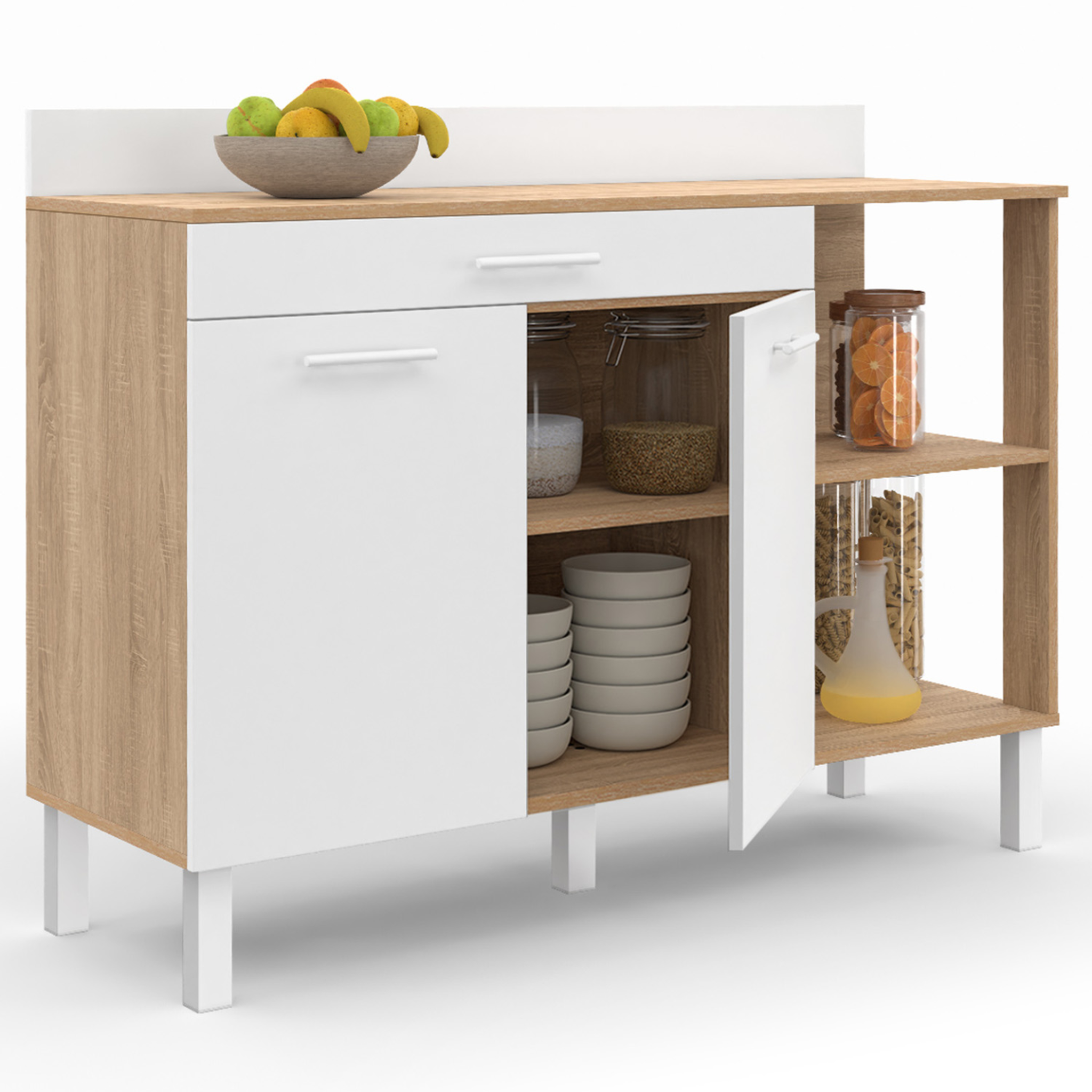 Voir la diapositive 4 : ID MARKET Buffet bas de cuisine 120 cm cina plan de travail h.83 cm 2 portes + tiroir façon hêtre et blanc
