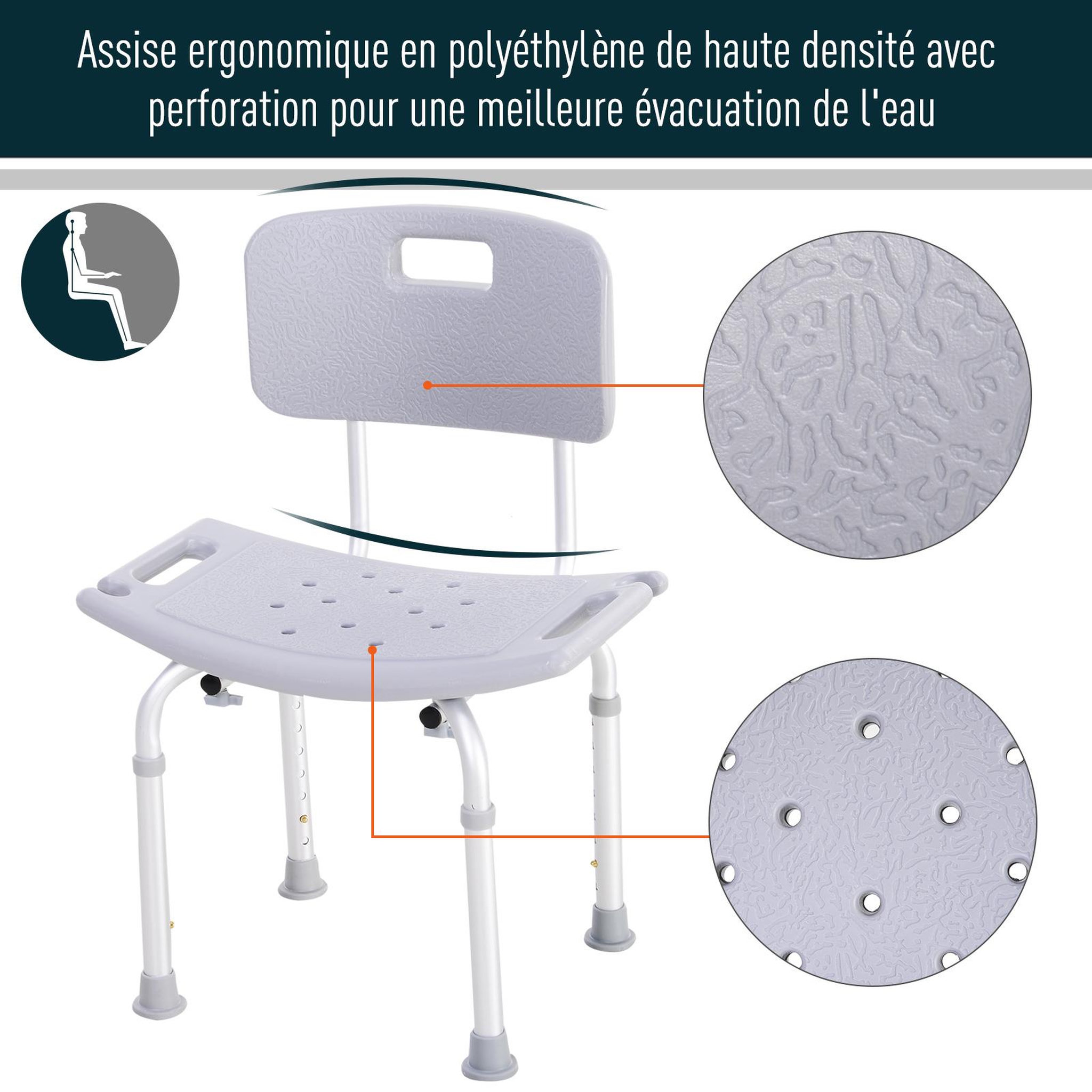 Voir la diapositive 4 : HOMCOM Chaise de douche siège de douche ergonomique hauteur réglable pieds antidérapants charge max. 136 kg alu hdpe gris