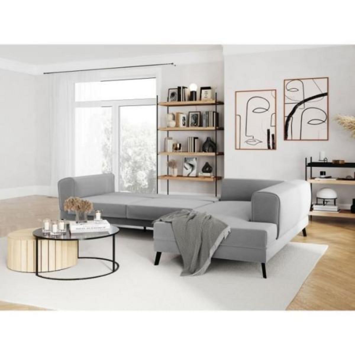 LOUNGITUDE Canapé d'angle droit convertible IMPERIAL 5 places - Tissu gris clair - 2 coffres de rangement - L304 x P212 x H86 cm