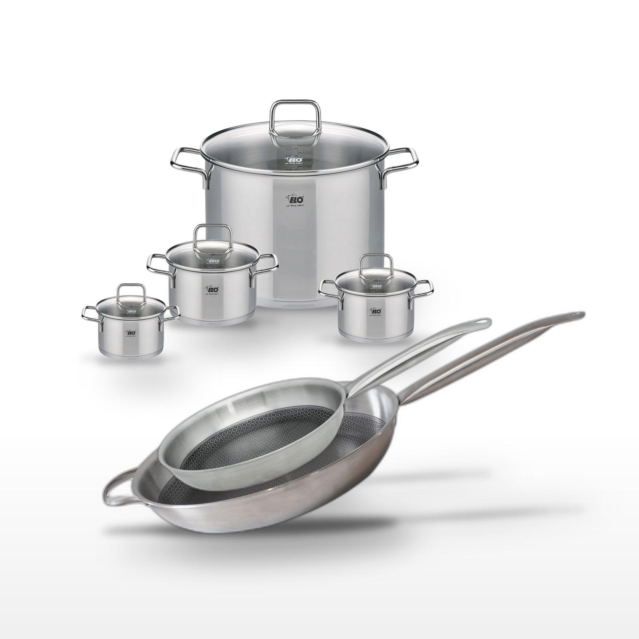 ELO Batterie de cuisine avec 4 faitouts 12/14/16/26 cm et 2 poêles de cuisson 28/32 cm sans pfas elo collection relief solution citrin