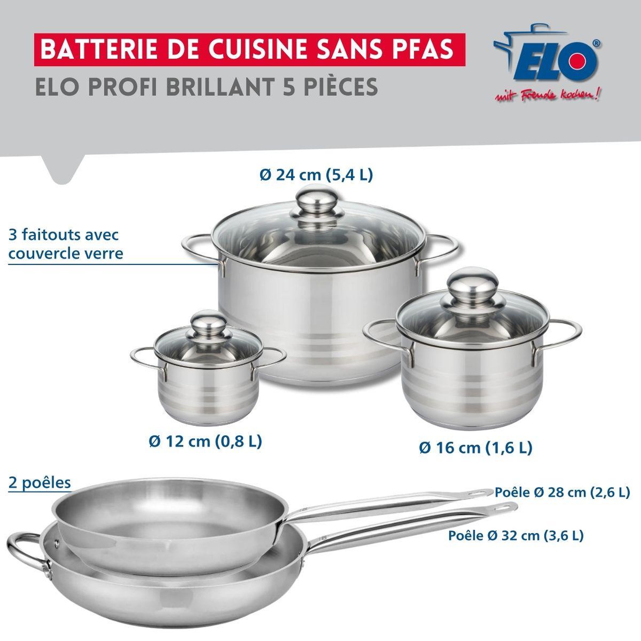 Voir la diapositive 2 : ELO Ensemble de 2 poêles de cuisson 28 et 32 cm et 3 faitouts 12, 16 et 24 cm elo profi brillant