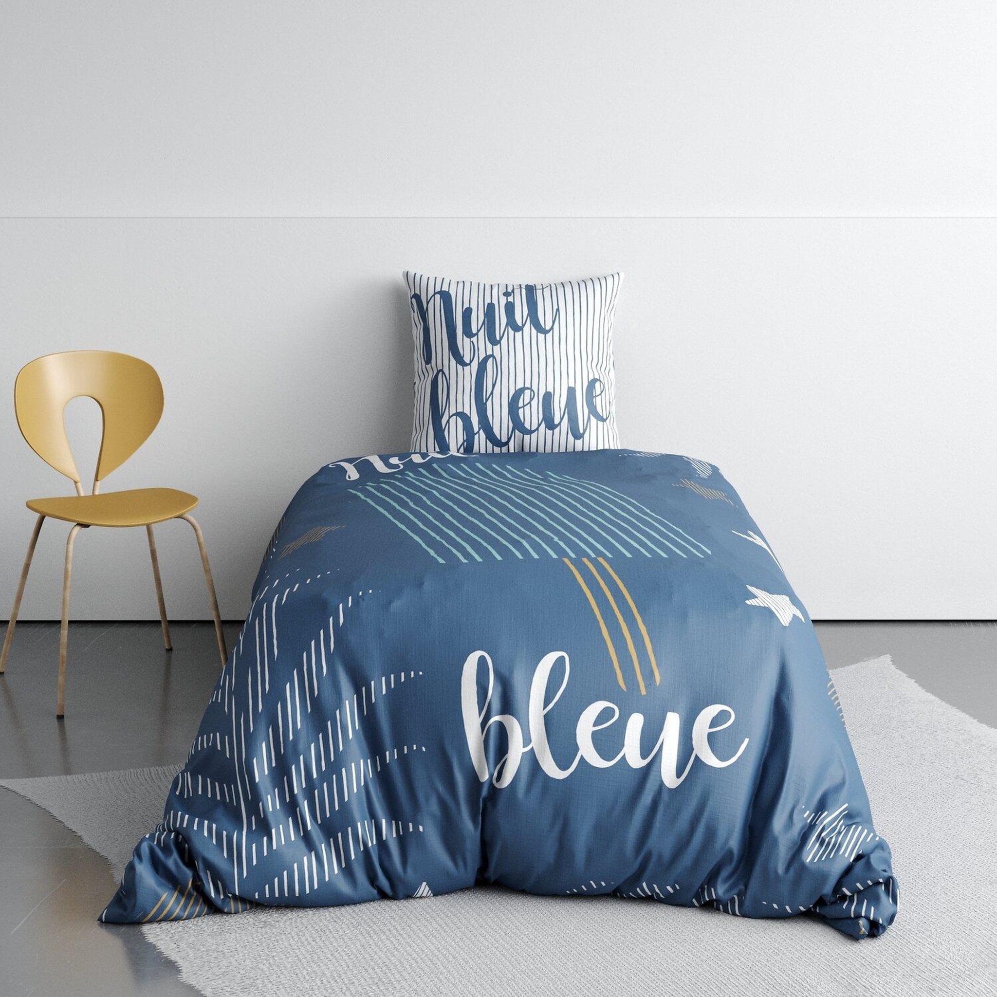 Voir la diapositive 2 : Les Ateliers du Linge Parure housse de couette 2pcs 140x200cm 100%coton 47fils nuit bleue