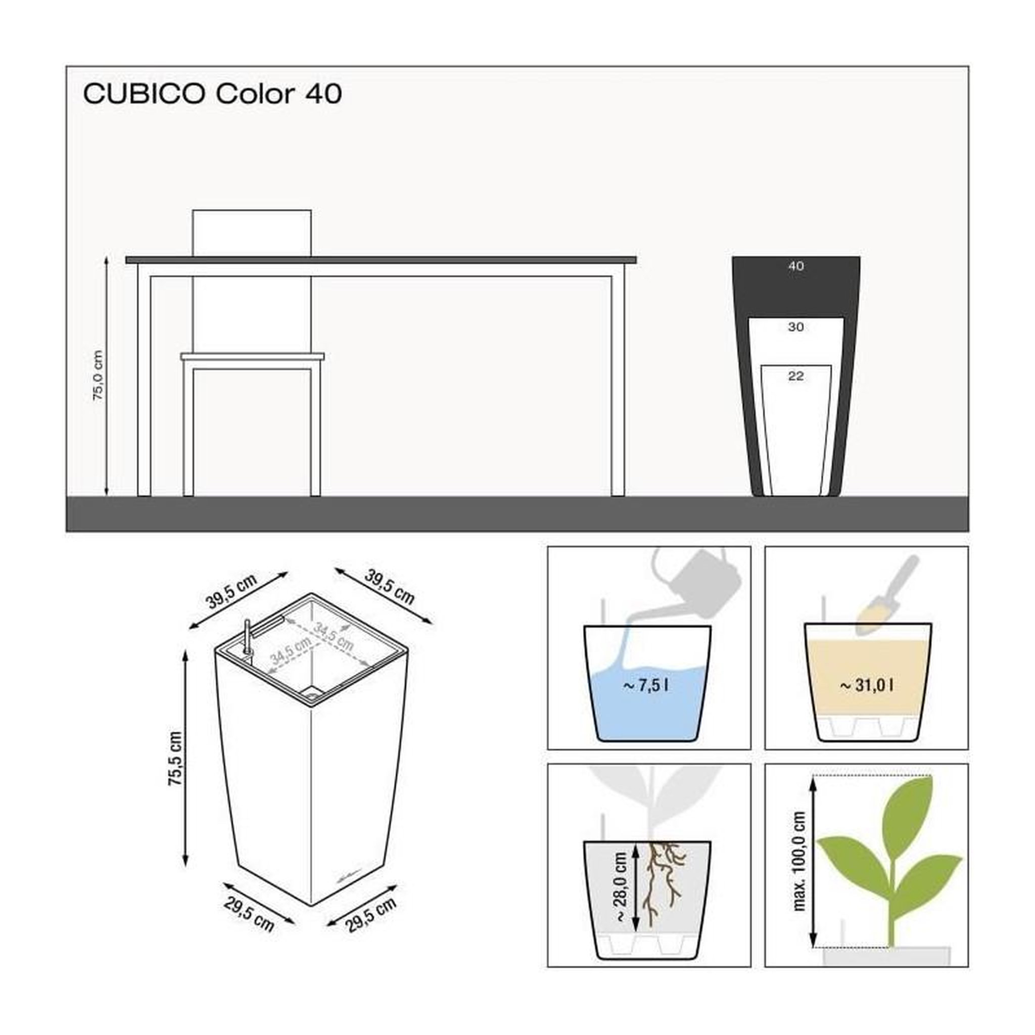 Voir la diapositive 3 : LECHUZA Cubico Color 40 - kit complet, muscade 8 L 75 cm