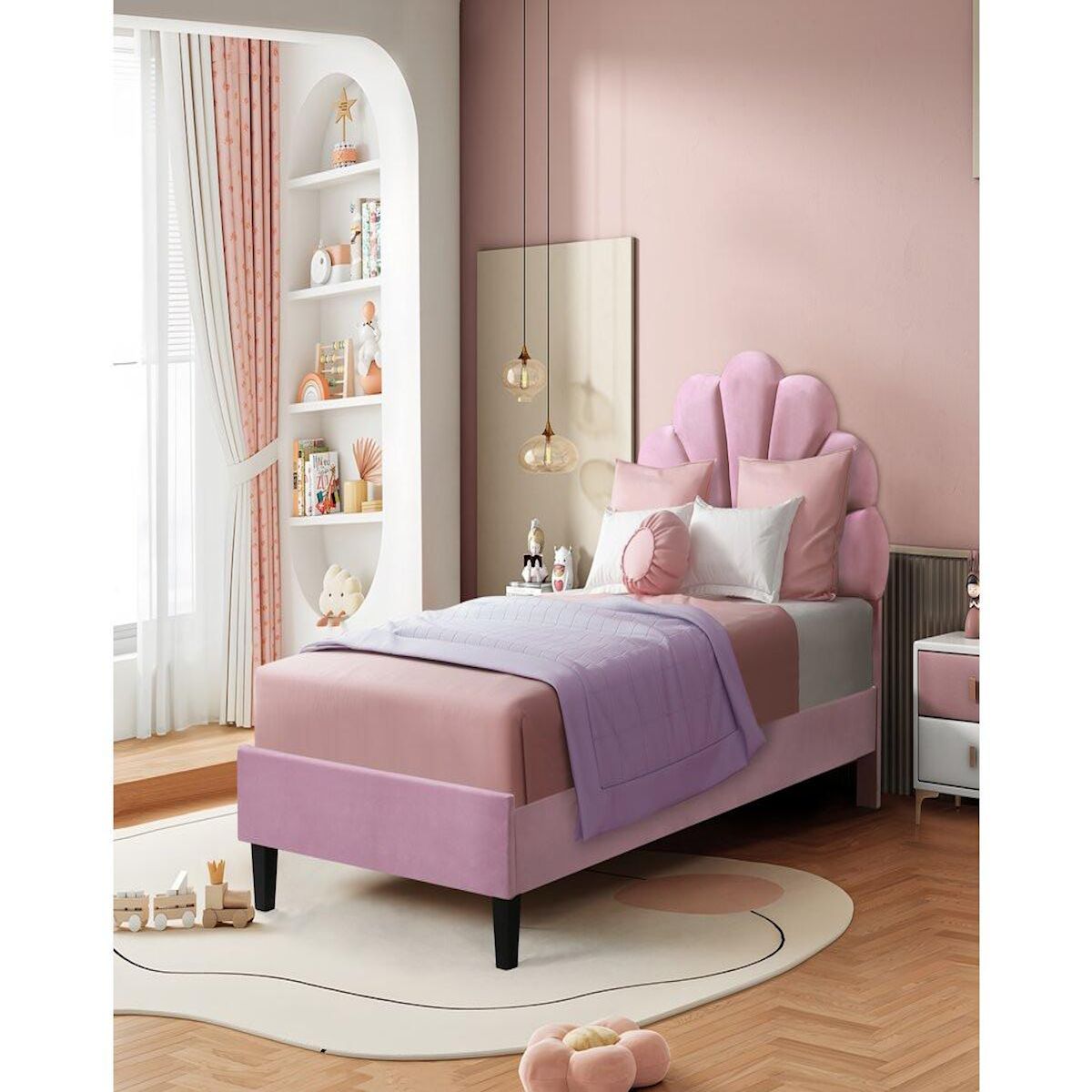 Habitat et Jardin Lit coquillage en velours  Manon  - 90 x 190 cm - Rose