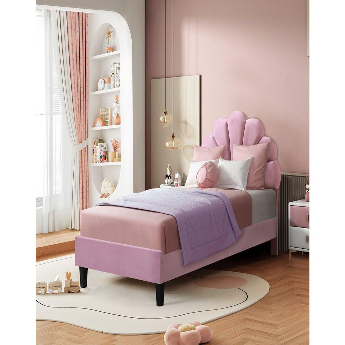 Habitat et Jardin Lit coquillage en velours  Manon  - 90 x 190 cm - Rose