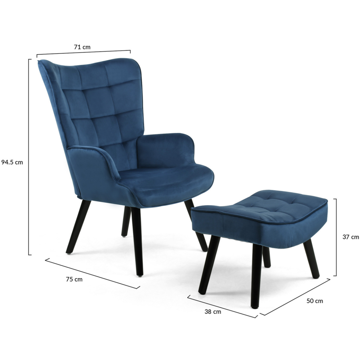 ID MARKET Fauteuil scandinave ANIA avec repose pieds velours bleu