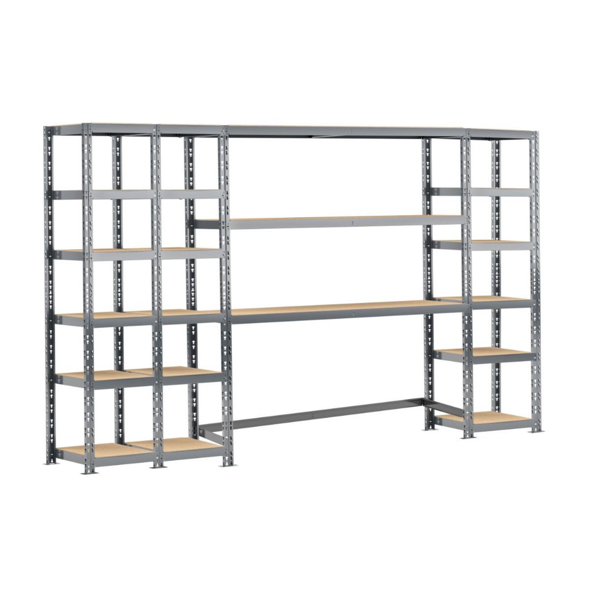 Concept rangement de garage MODULÖ STORAGE SYSTEME EXTENSION 4 étagères 21 plateaux longueur 300 cm