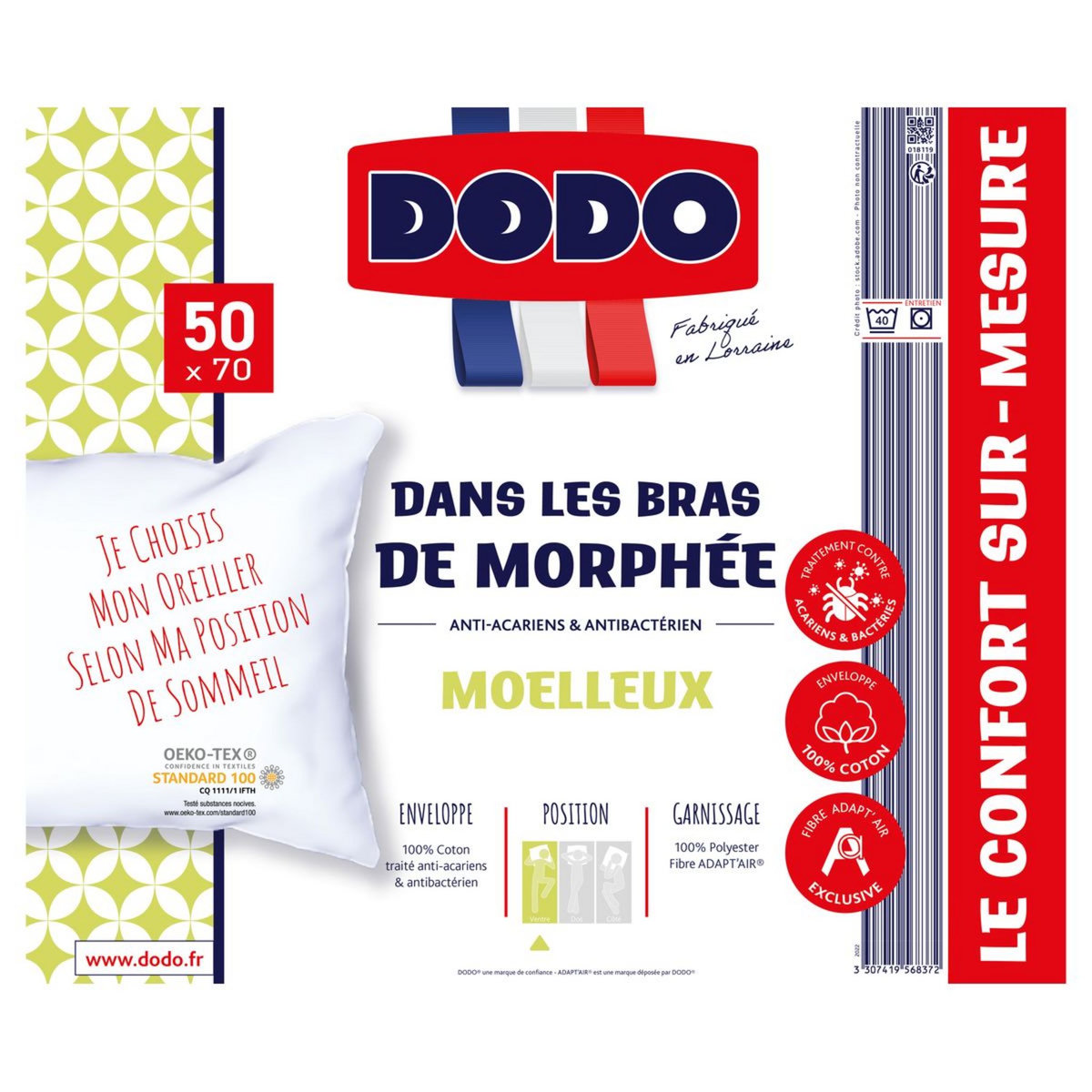 DODO Oreiller confort moelleux je dors sur le ventre anti acariens DANS LES BRAS DE MORPHÉE