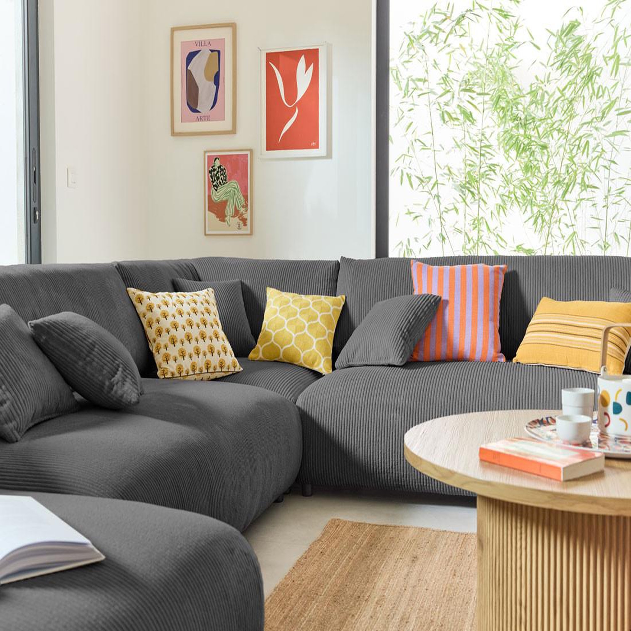 Voir la diapositive 2 : BEST MOBILIER Garance - canapé modulable d'angle droit - 8 places - en velours côtelé