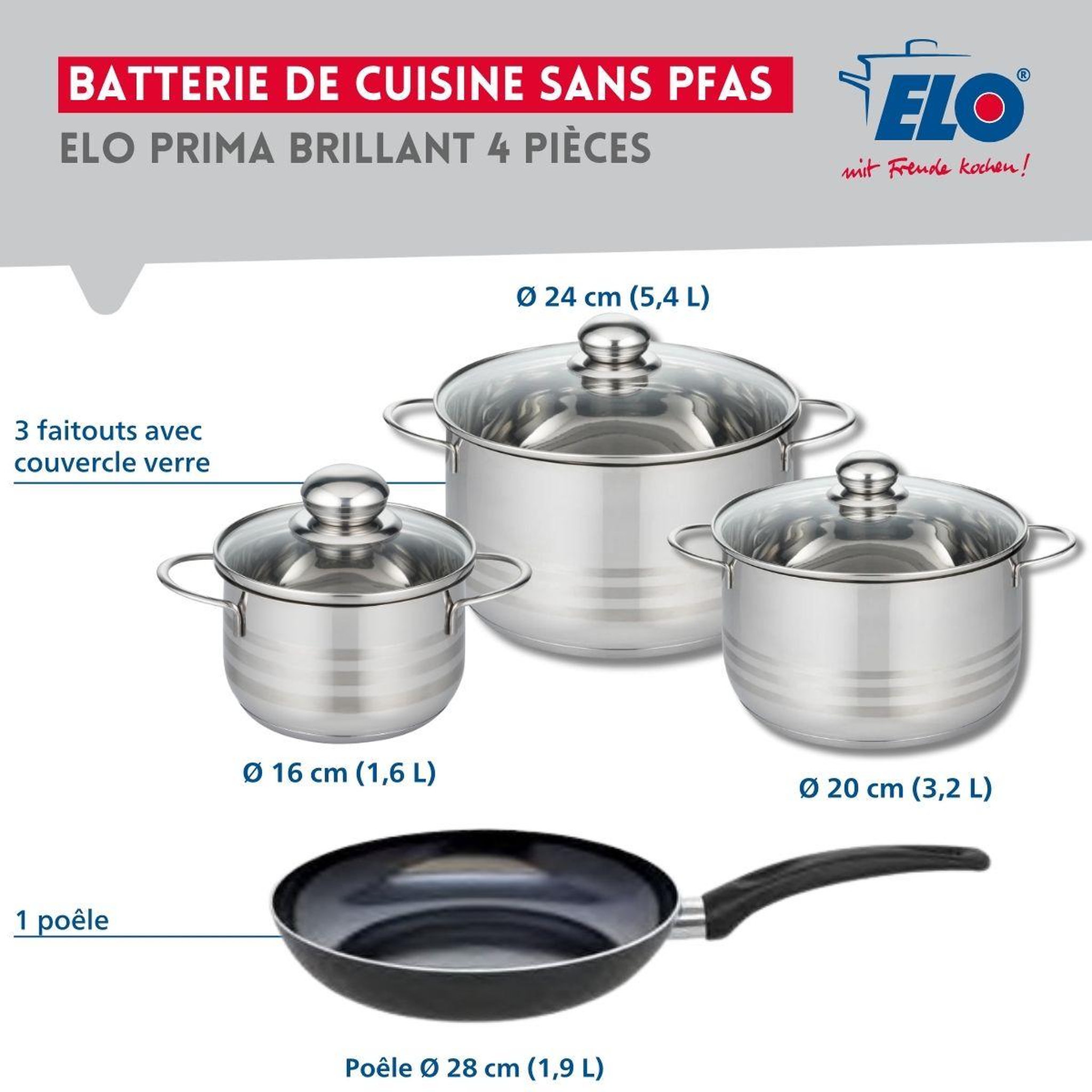 Voir la diapositive 2 : ELO Ensemble de 1 poêle de cuisson 28 cm et 3 faitouts 16, 20 et 24 cm elo prima brillant