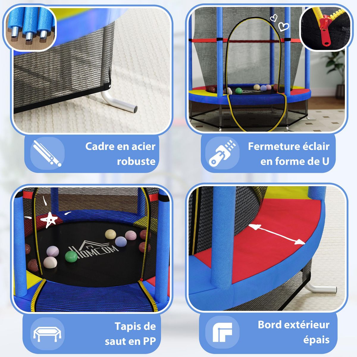 HOMCOM Trampoline enfant Ø140 cm max. 45 Kg - filet sécurité, porte zippée, 6 poteaux rembourrés - multicolore