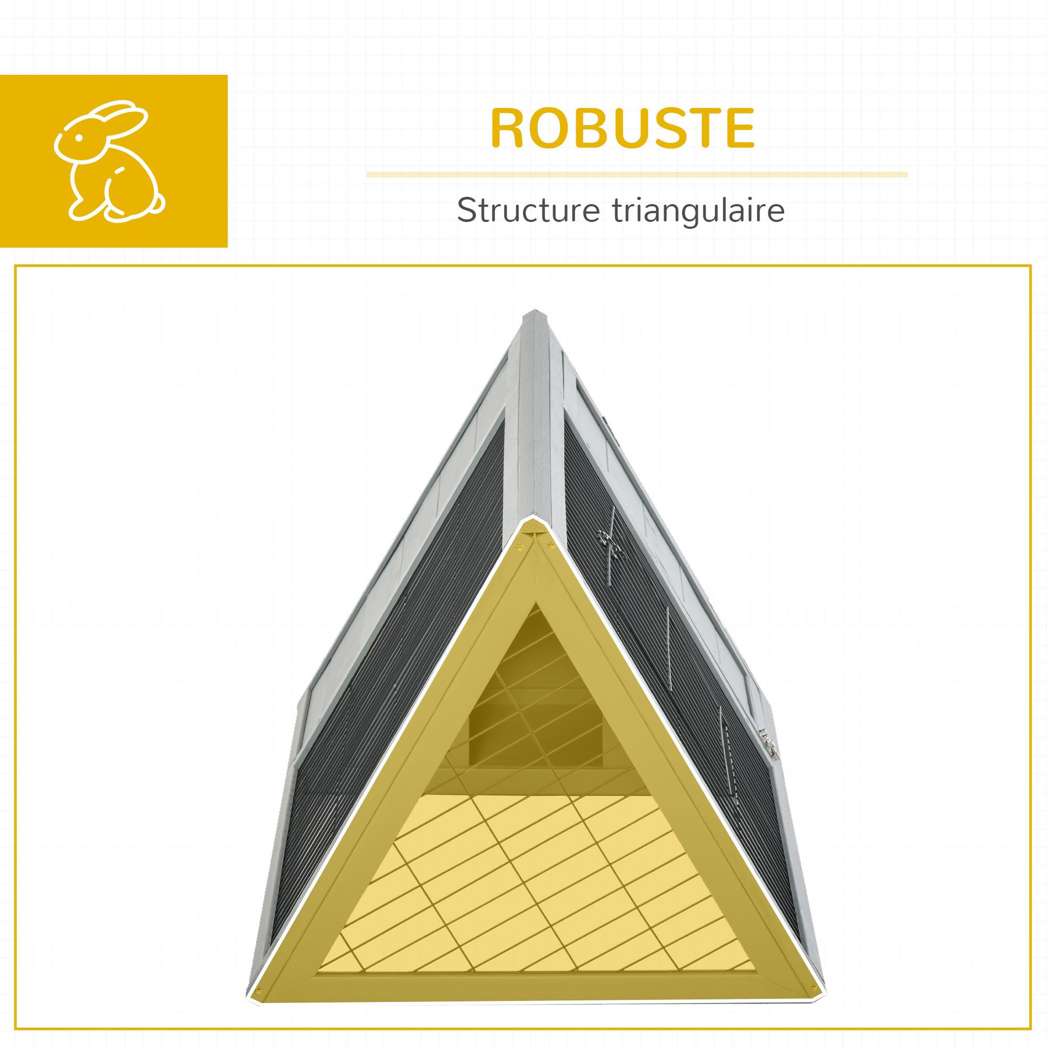 Voir la diapositive 6 : PAWHUT Clapier triangulaire de sol enclos extérieur niche double porte dim. 116l x 62l x 52,5h cm métal bois sapin gris