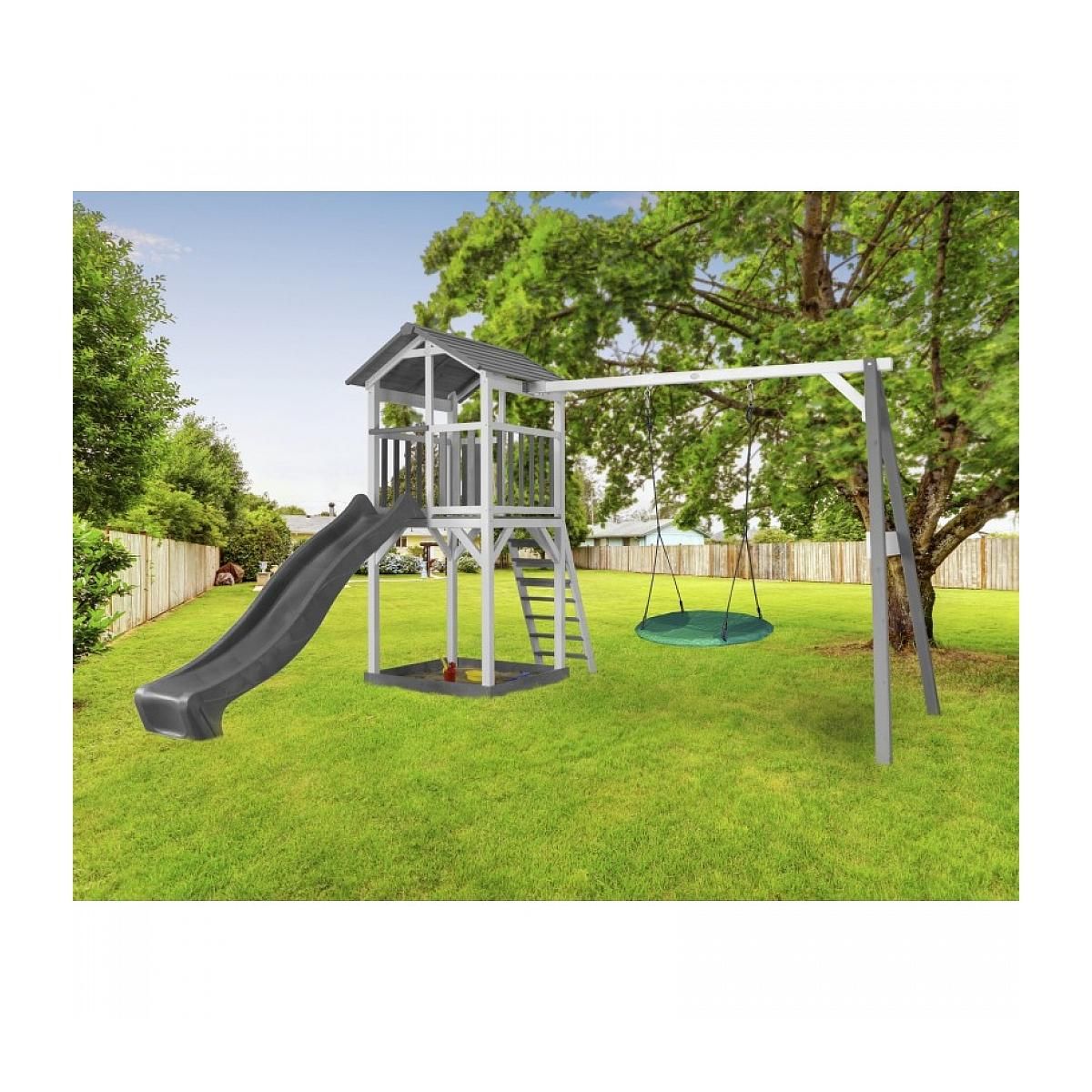 Axi House AXI Structure de jeu Beach Tower avec 1 balancoire siege nid rond Blanc Gris avec Toboggan Gris