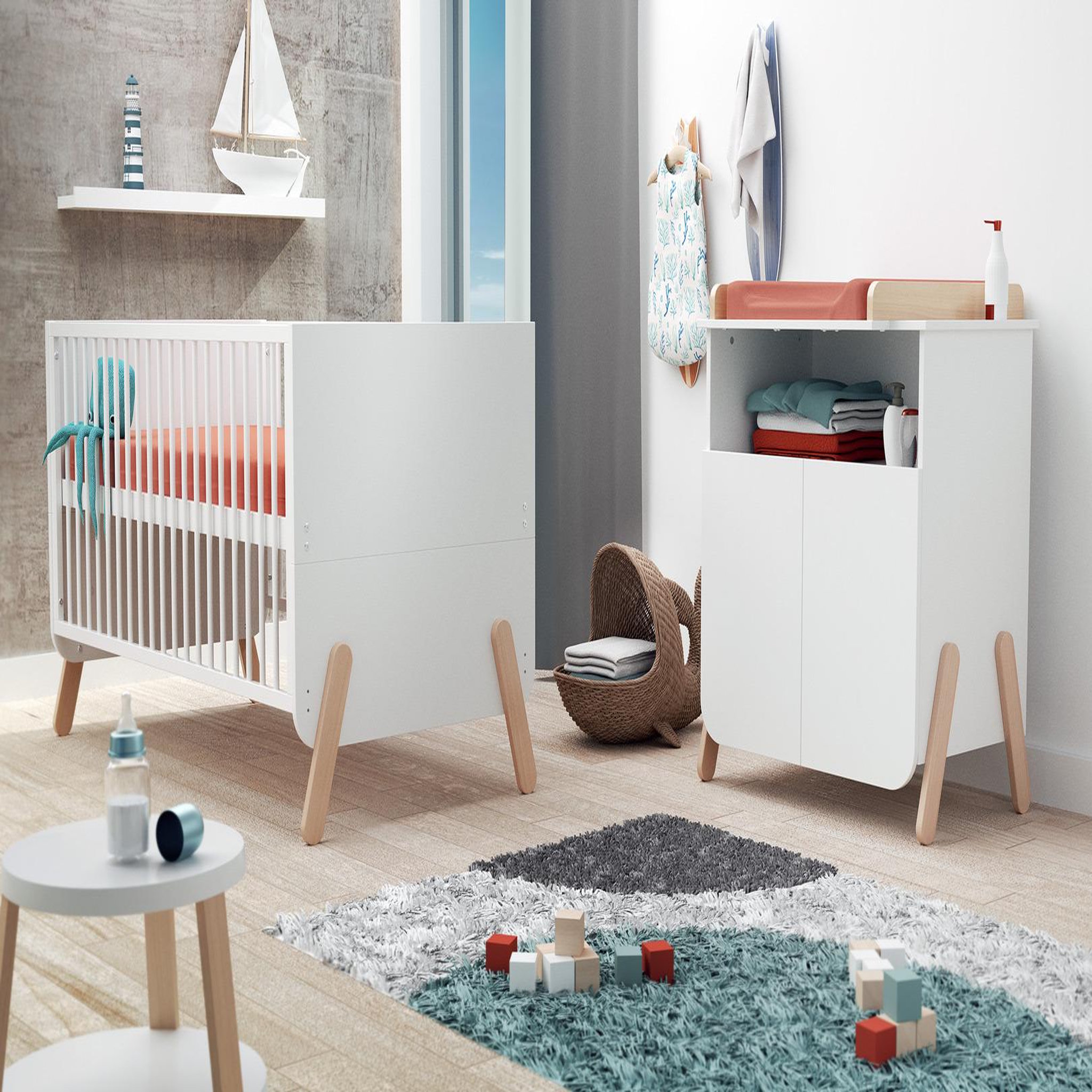 Voir la diapositive 2 : AT4 Chambre bébé lit, commode à langer et armoire blanc et hêtre verni