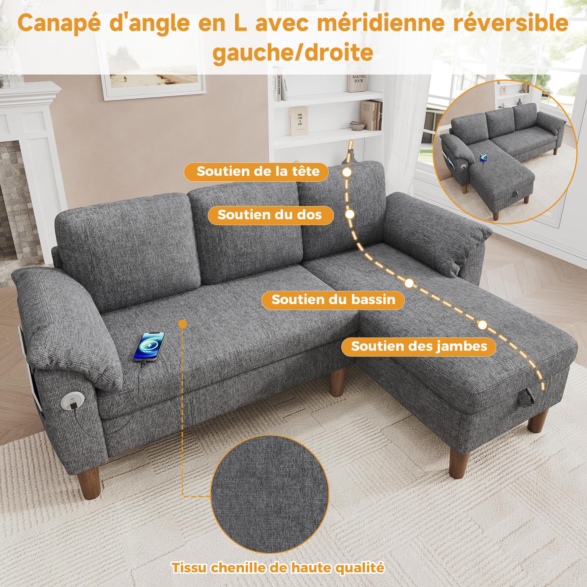 Voir la diapositive 6 : MERAX Canapé d'angle 3 places avec méridienne coffre tissu chenille usb type-c