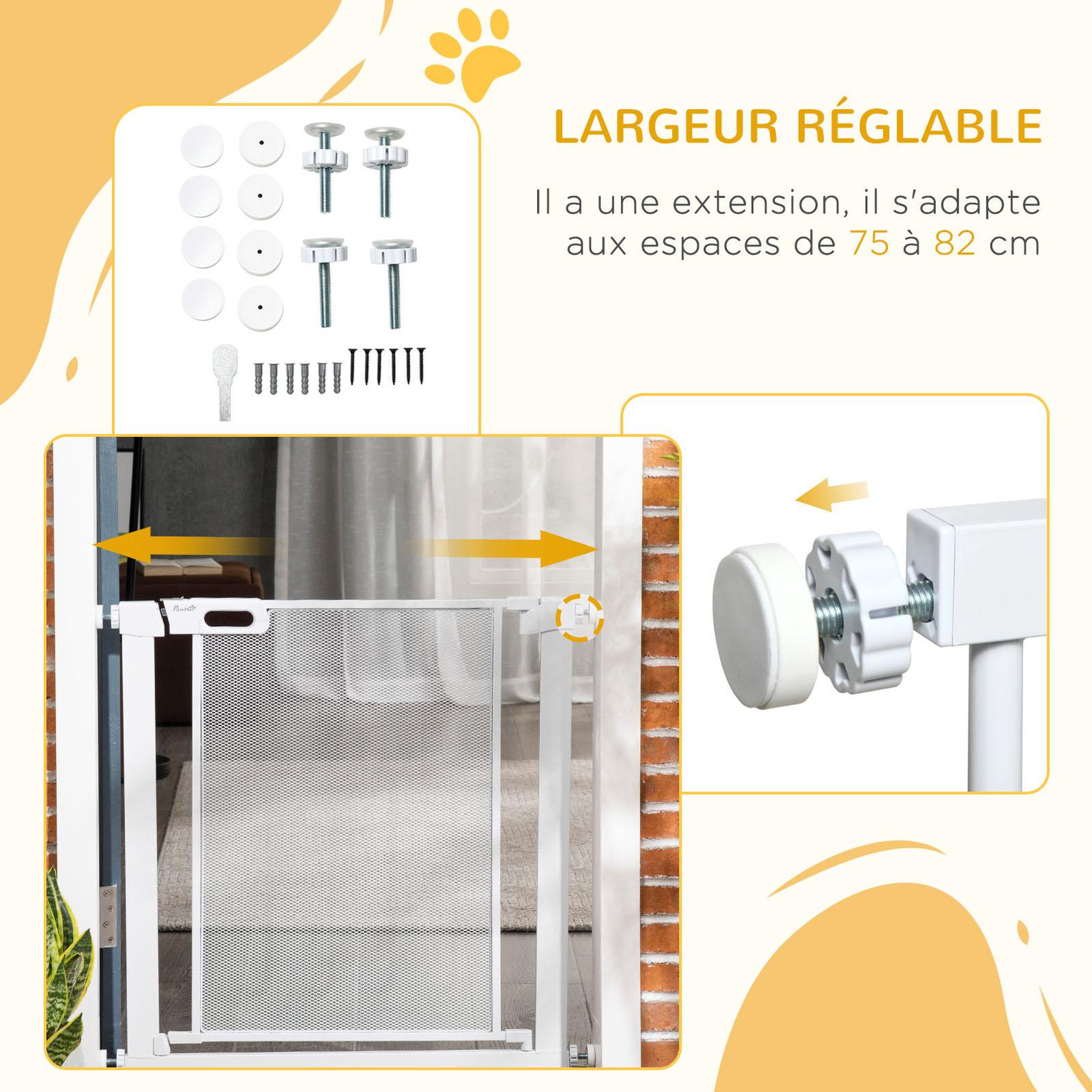 Voir la diapositive 4 : PAWHUT Barrière de sécurité animaux - longueur réglable dim. 75-82 cm - porte double verrouillage, ouverture double sens -sans perçage - acier abs blanc