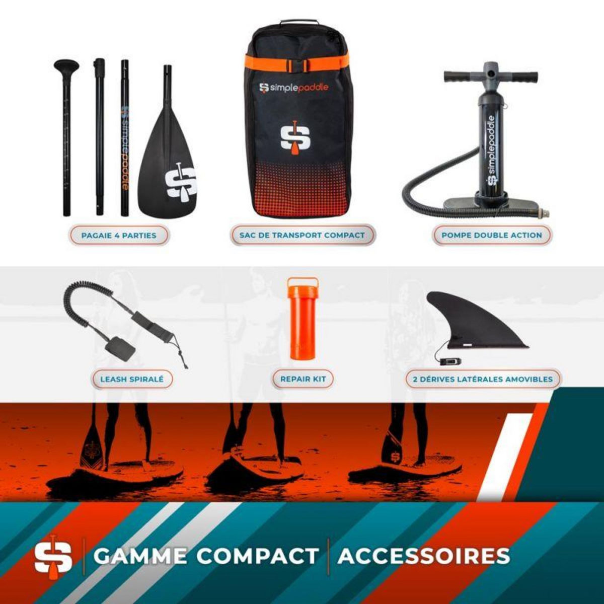 SIMPLE PADDLE Stand up Paddle Gonflable JUNIOR 8' 30'' 4'' (244 x 76 x 10 cm) Gamme COMPACT avec Pagaie, Leash, Pompe et Sac de Transport