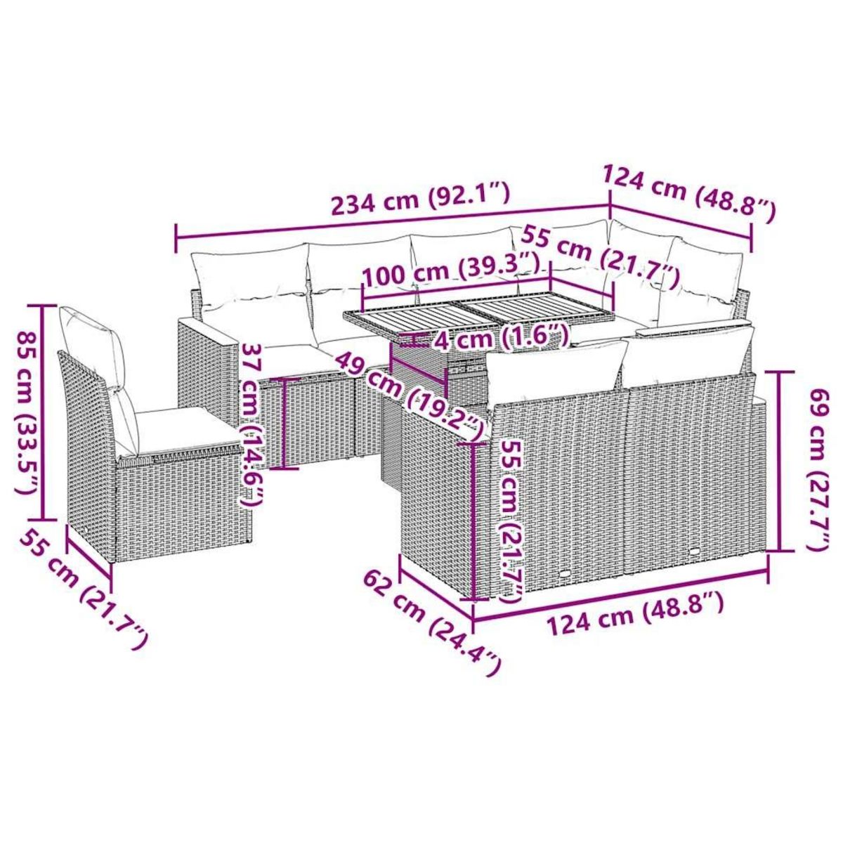 VIDAXL Salon de jardin avec coussins 9 pcs beige resine tressee acacia
