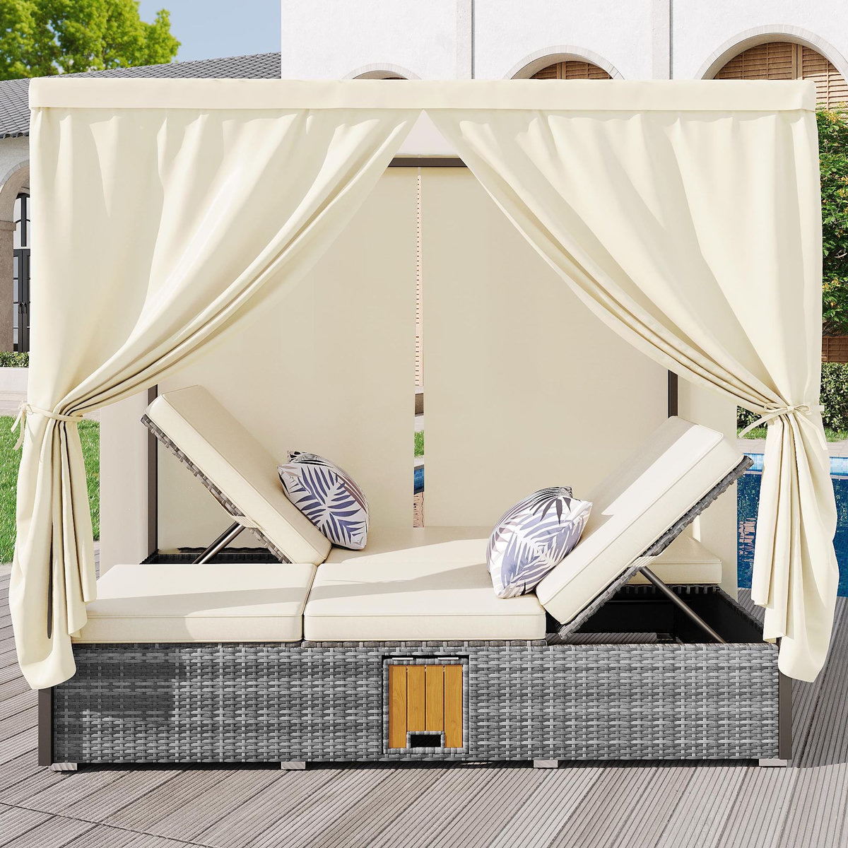 MERAX Bain de soleil en Métal avec auvent, table pliante, pliable, coussins, crème