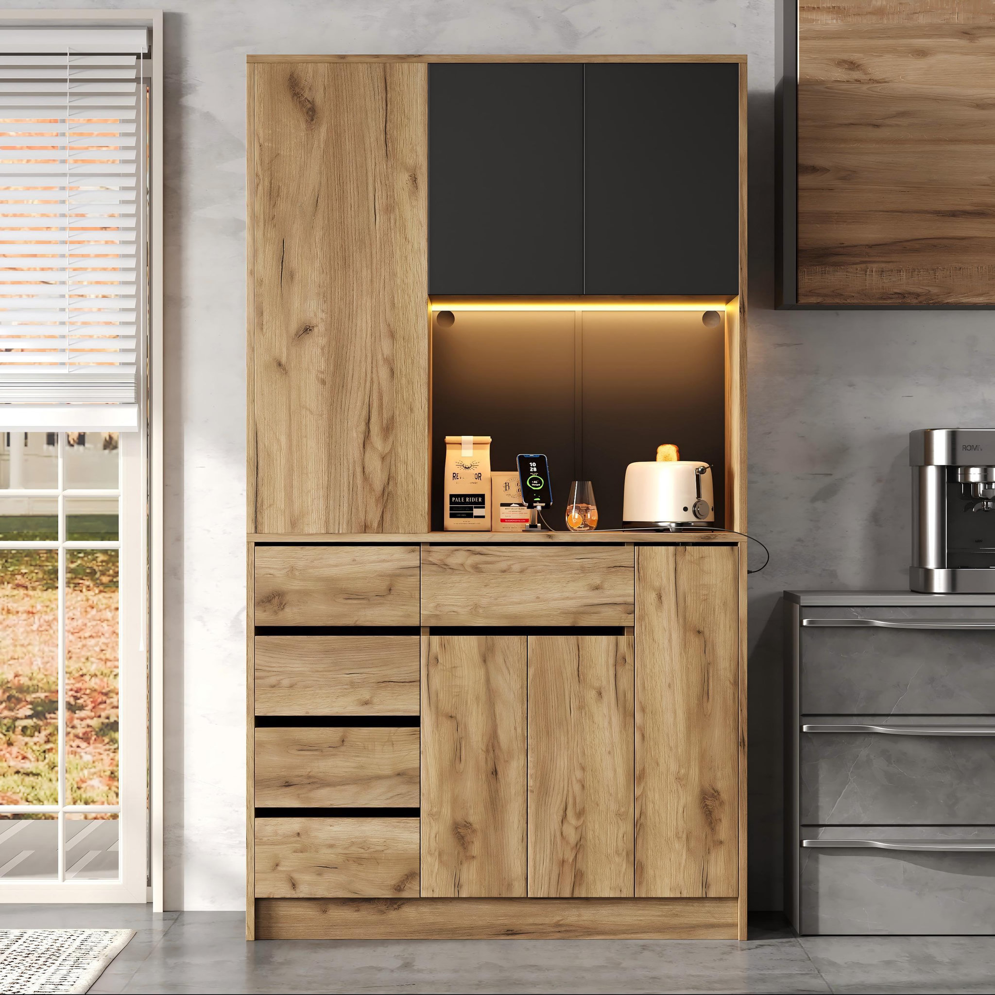 Voir la diapositive 2 : MERAX Buffet de cuisine 5 portes 6 tiroirs - 105 cm naturel led mdf
