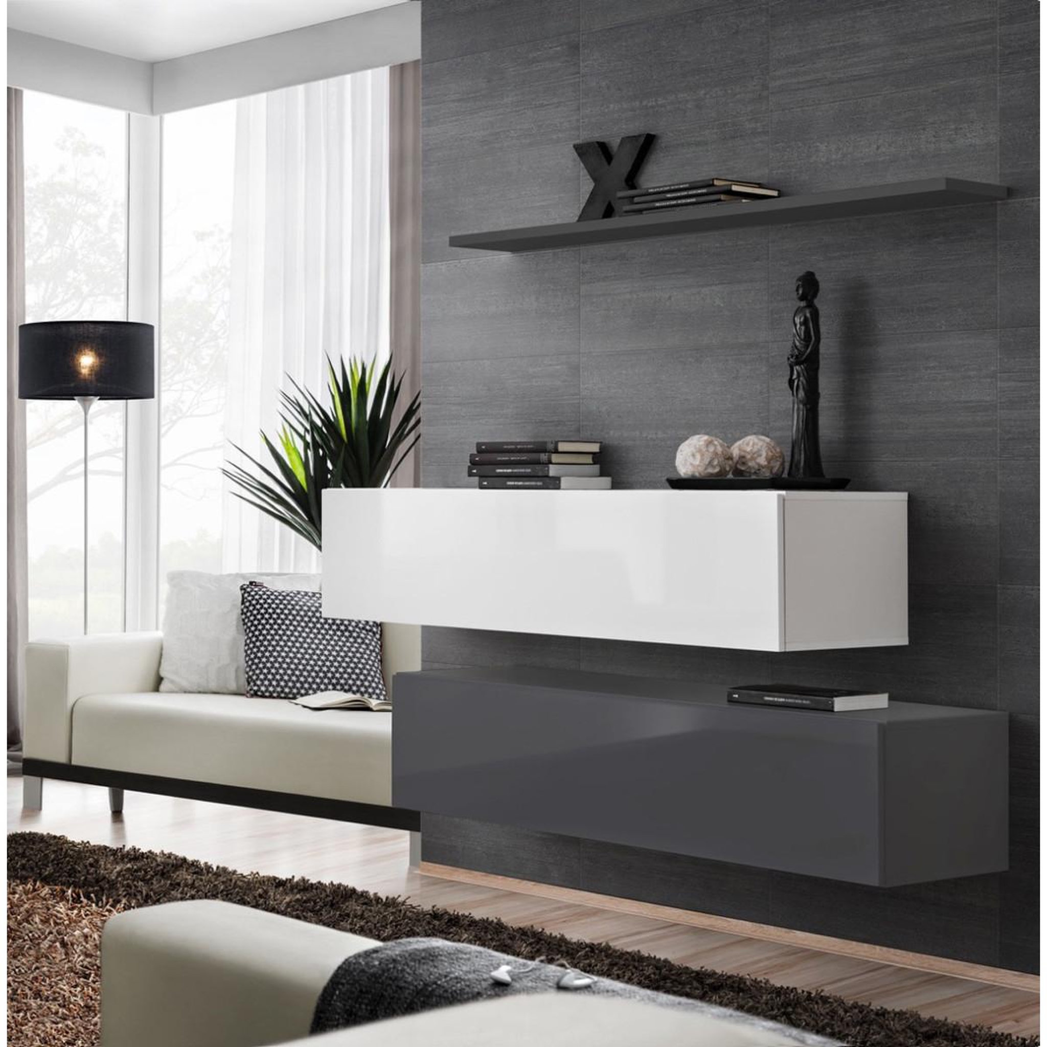 Voir la diapositive 1 : Paris Prix Lot de 2 bancs muraux & étagère  switch sbii  130cm gris & blanc