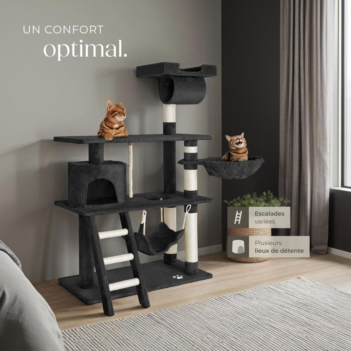 tectake Arbre à chat 141 cm avec griffoir et plateforme d'escalade noir