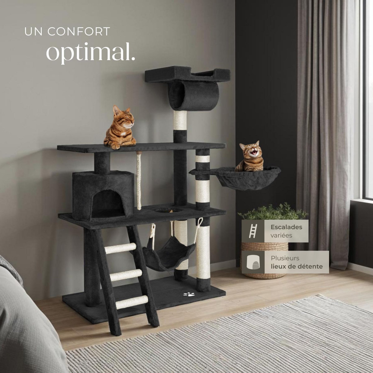 tectake Arbre à chat 141 cm avec griffoir et plateforme d'escalade noir