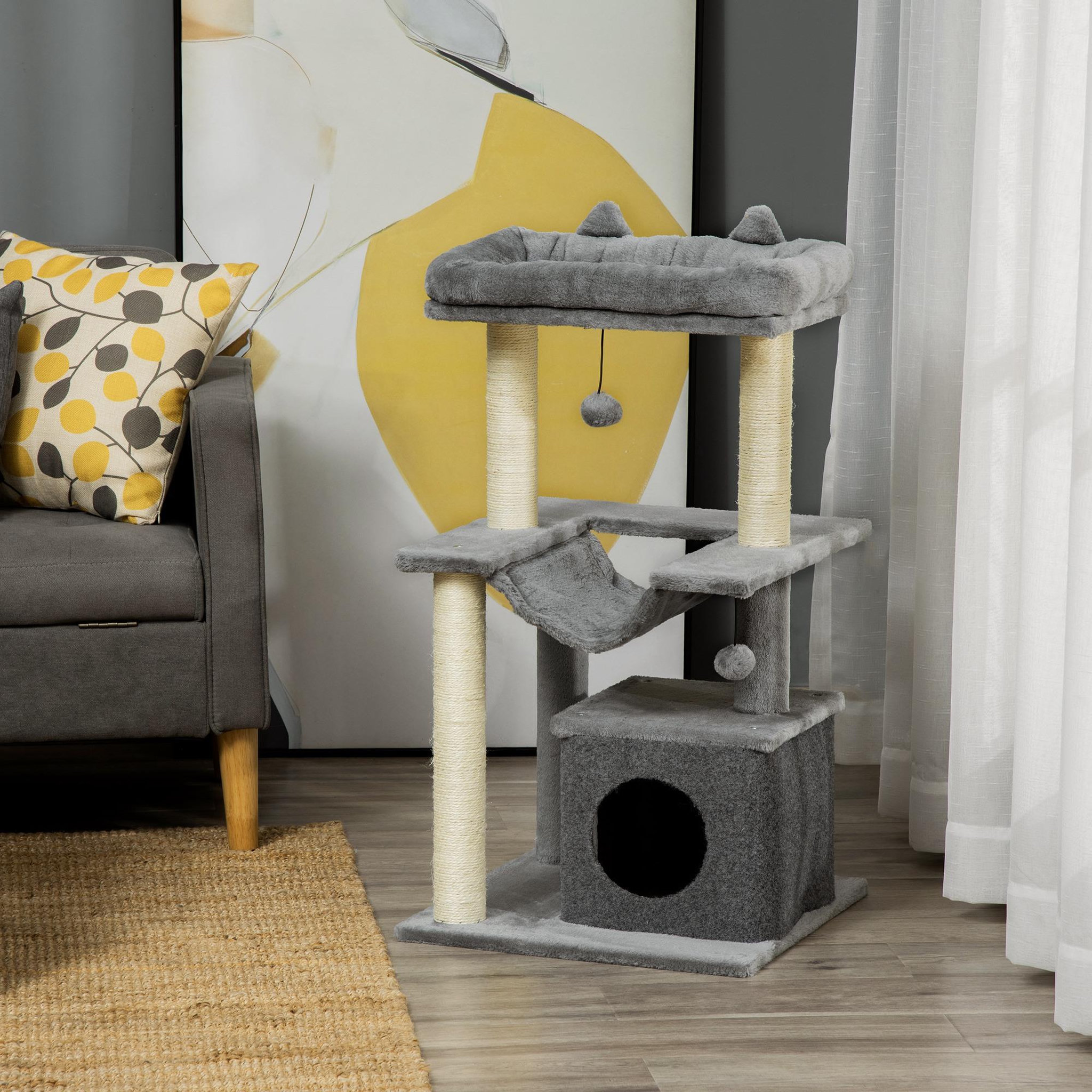 Voir la diapositive 2 : PAWHUT Arbre à chat h.90cm - griffoirs, plateforme d'observation, niche, hamac, boules suspendues - gris