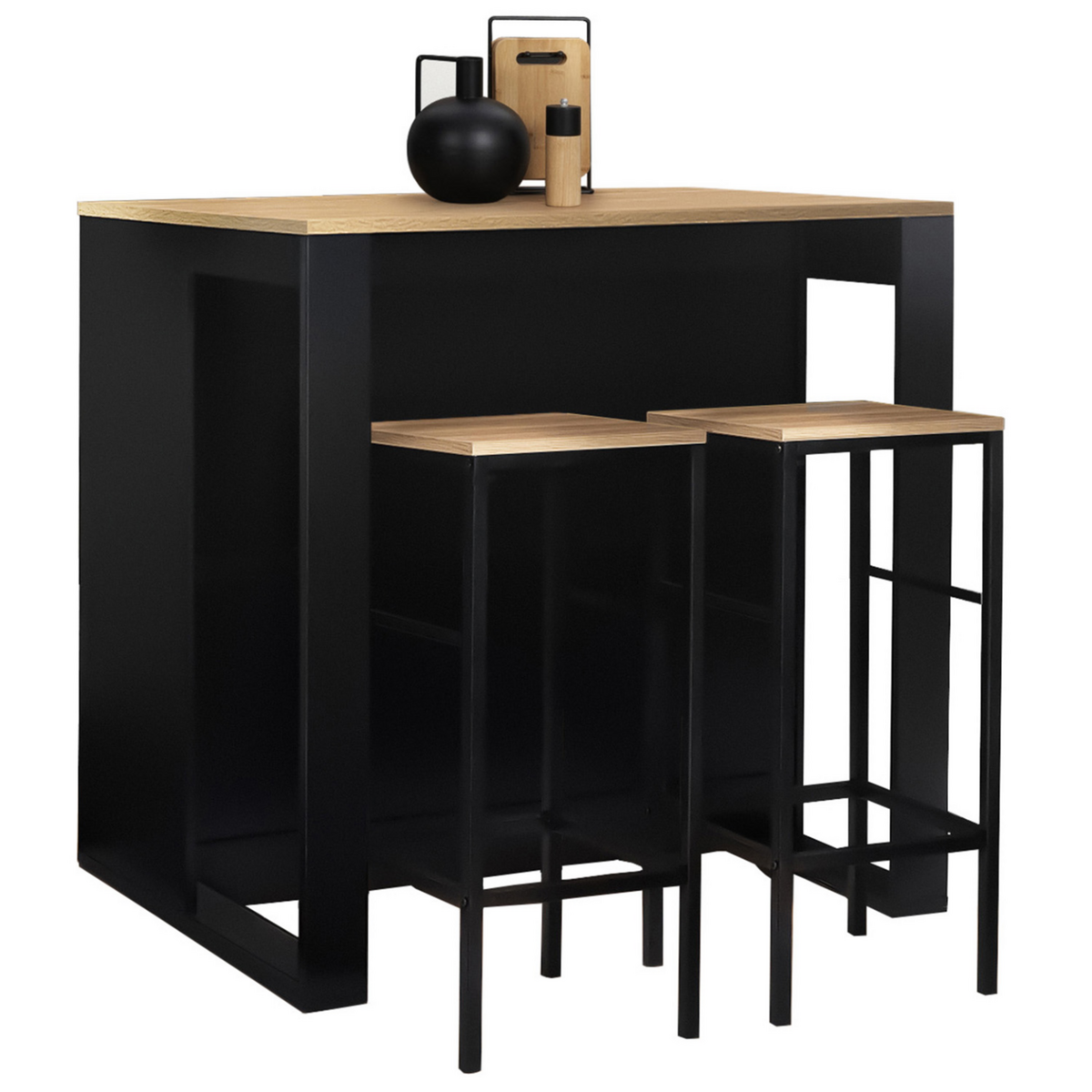 ID MARKET Ensemble table de bar îlot JUNO bois noir avec plateau façon hêtre et 2 tabourets de bar DETROIT