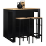 Voir la diapositive 1 : ID MARKET Ensemble table de bar îlot JUNO bois noir avec plateau façon hêtre et 2 tabourets de bar DETROIT