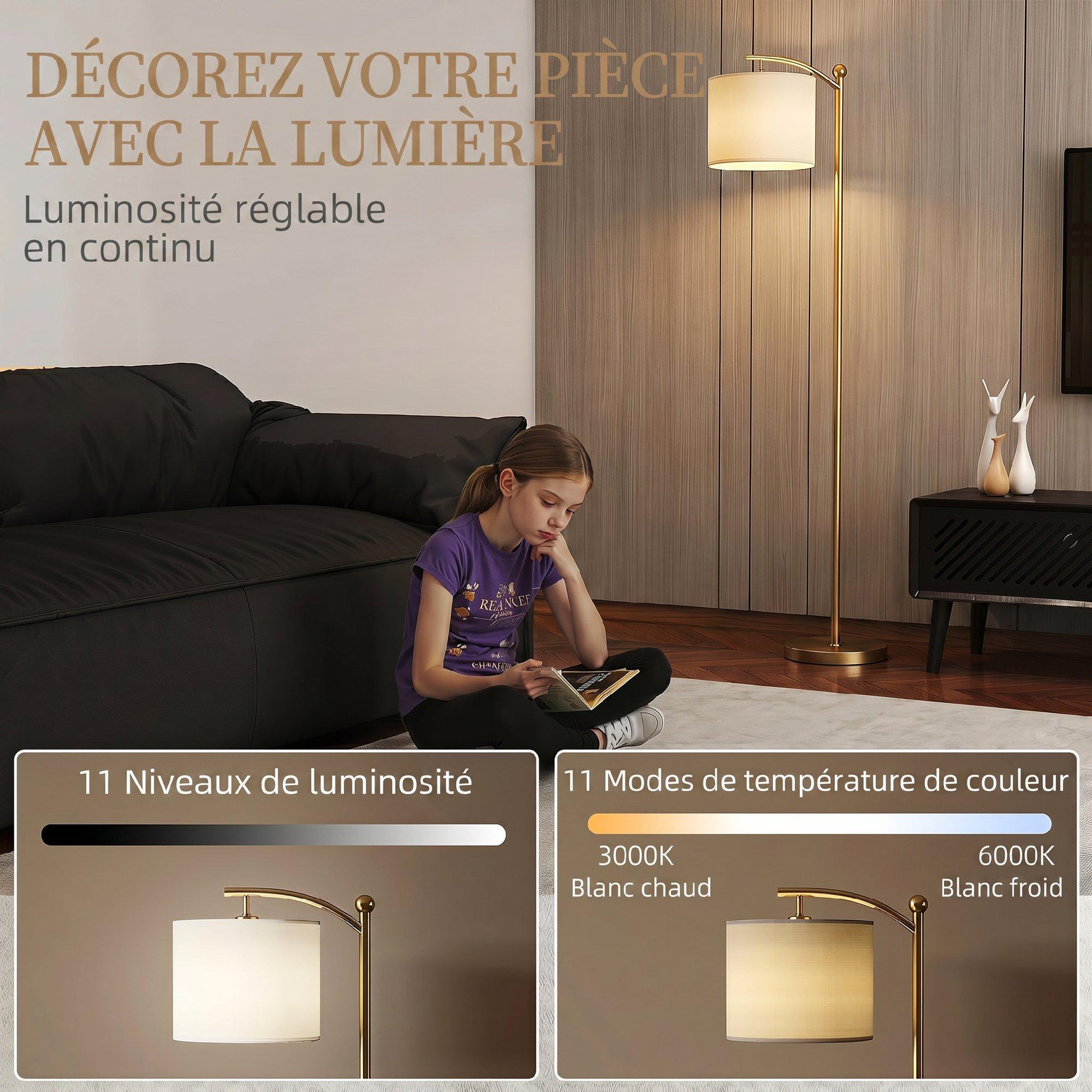 Voir la diapositive 4 : HOMCOM Lampadaire dimmable h.60 cm 2 températures de couleur timer 60 min télécommande doré
