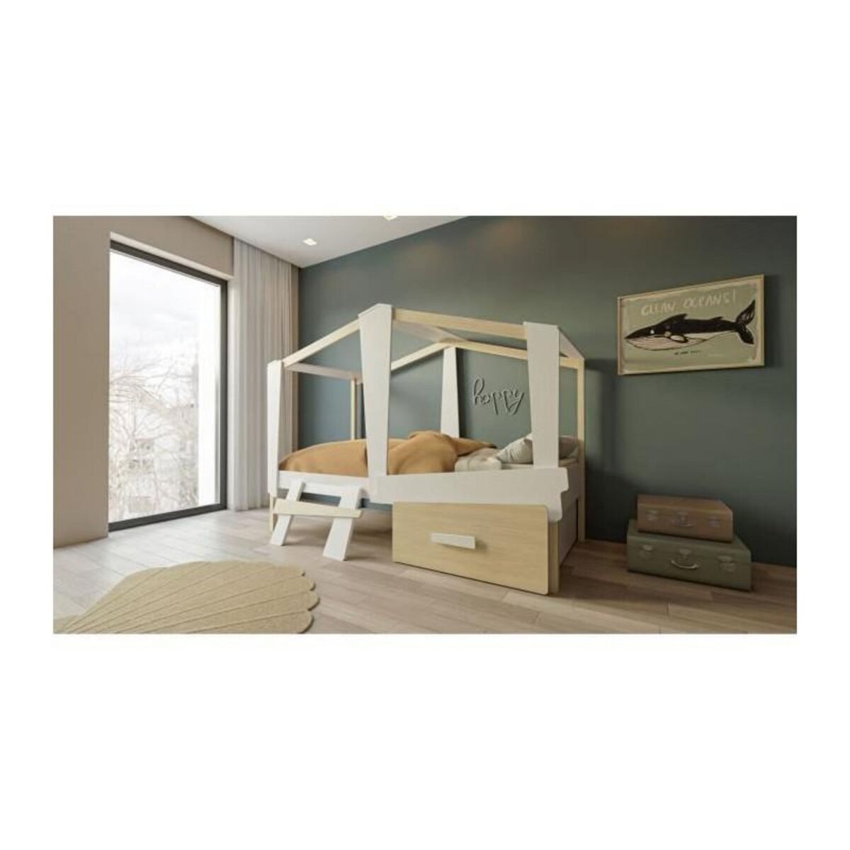 Demeyere DEMEYERE Lit cabane - 90 x 200 cm - Grand Tiroir - Blanc mat et chene kronberg