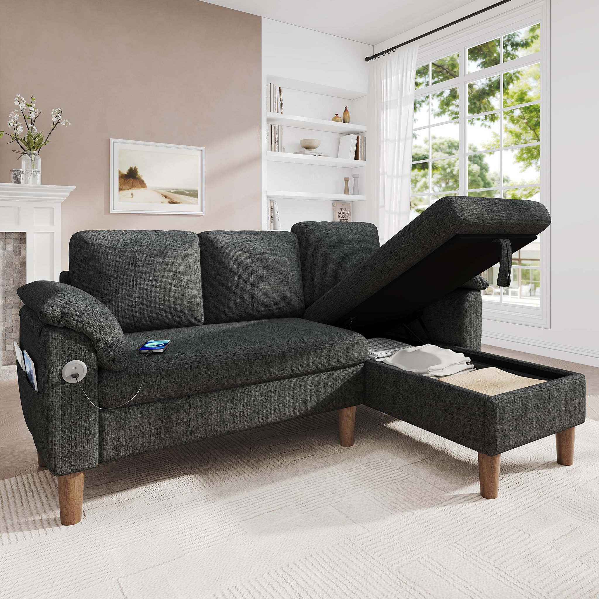 Voir la diapositive 2 : MERAX Canapé d'angle 3 places avec méridienne coffre tissu chenille usb type-c