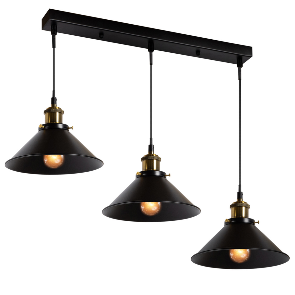ID MARKET Suspension 3 lampes industrielles vintage en métal noir