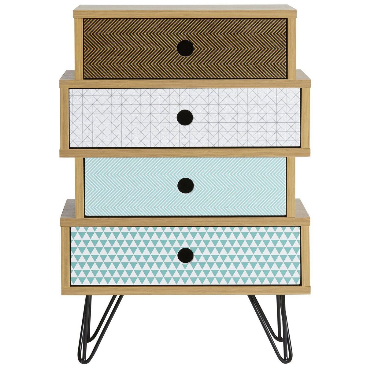 VS VENTA-STOCK Table Chevet Buda 4 Tiroirs, Couleur chêne, Jambes en métal en Noir