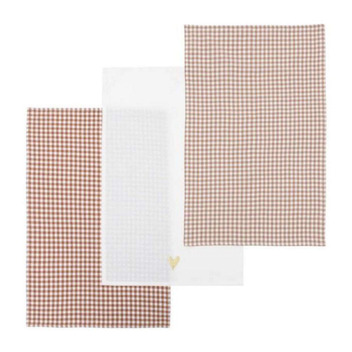 ATMOSPHERA Lot de 3 Torchons Vichy  Floral  45x70cm Marron & Ivoire