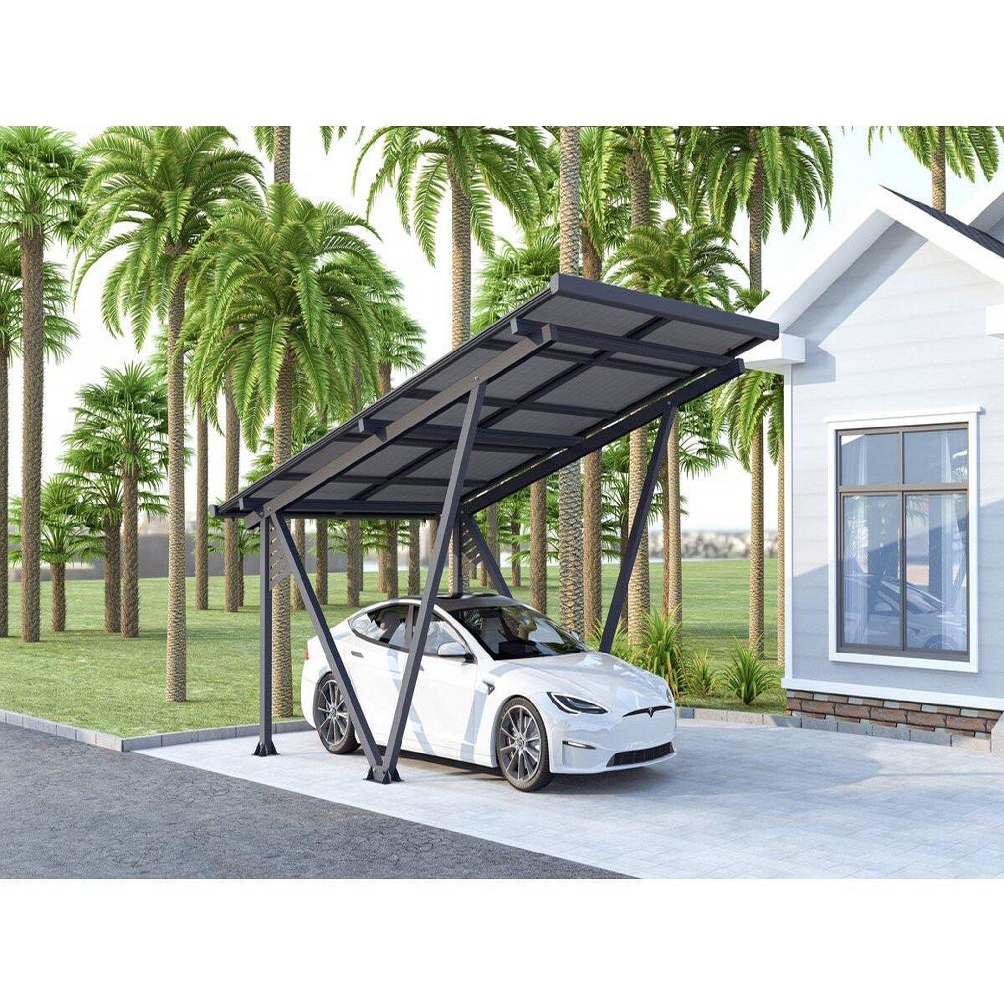 Voir la diapositive 2 : Habitat et Jardin Ombrière Carport solaire avec panneaux photovoltaïques - 366 x 575 x 366 cm - Gris - 4,1 kW