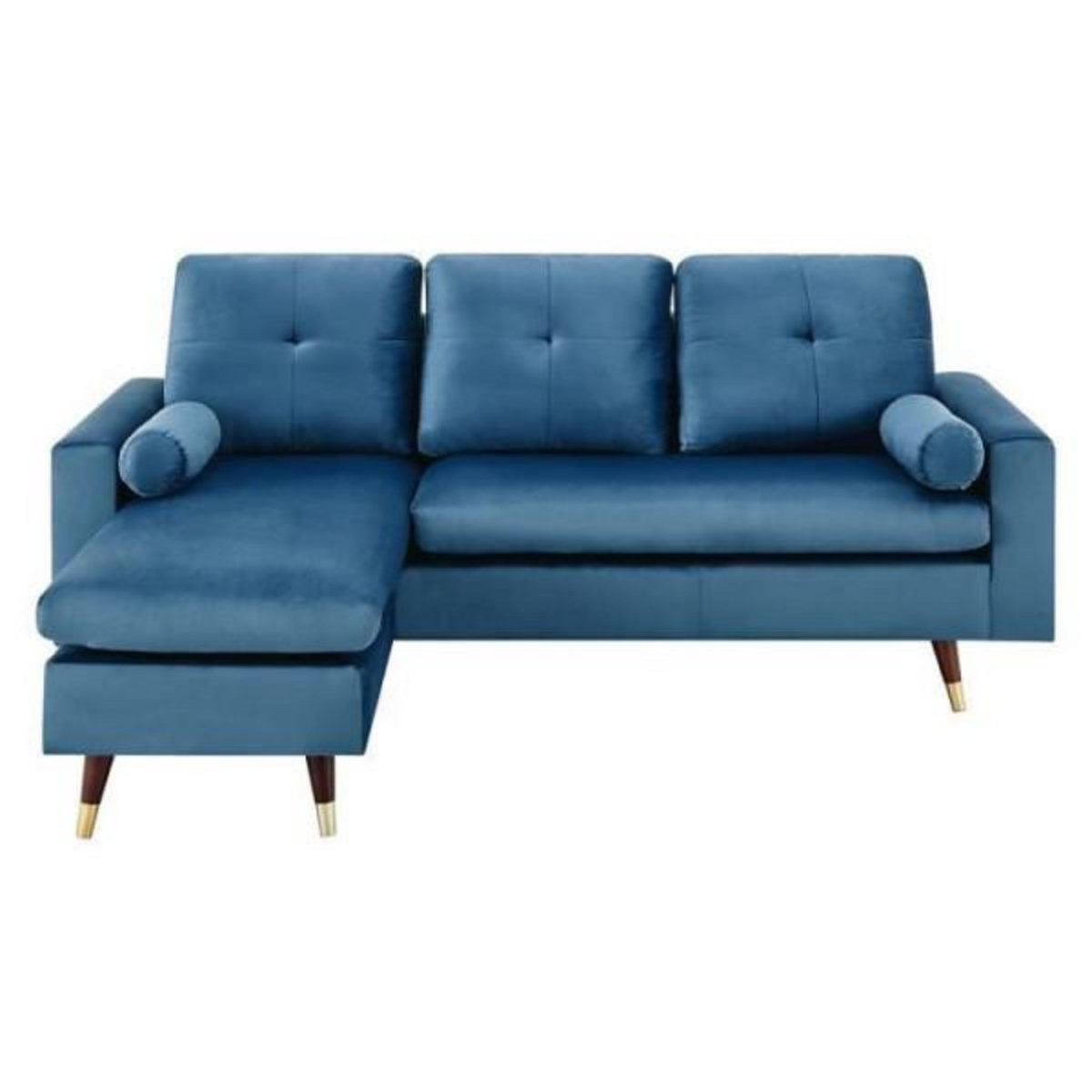 MARKET24 Canapé d'angle fixe réversible - 3 places - Tissu bleu - Pieds bois et doré - L 194 x P 139 x H 83 - NEW YORK