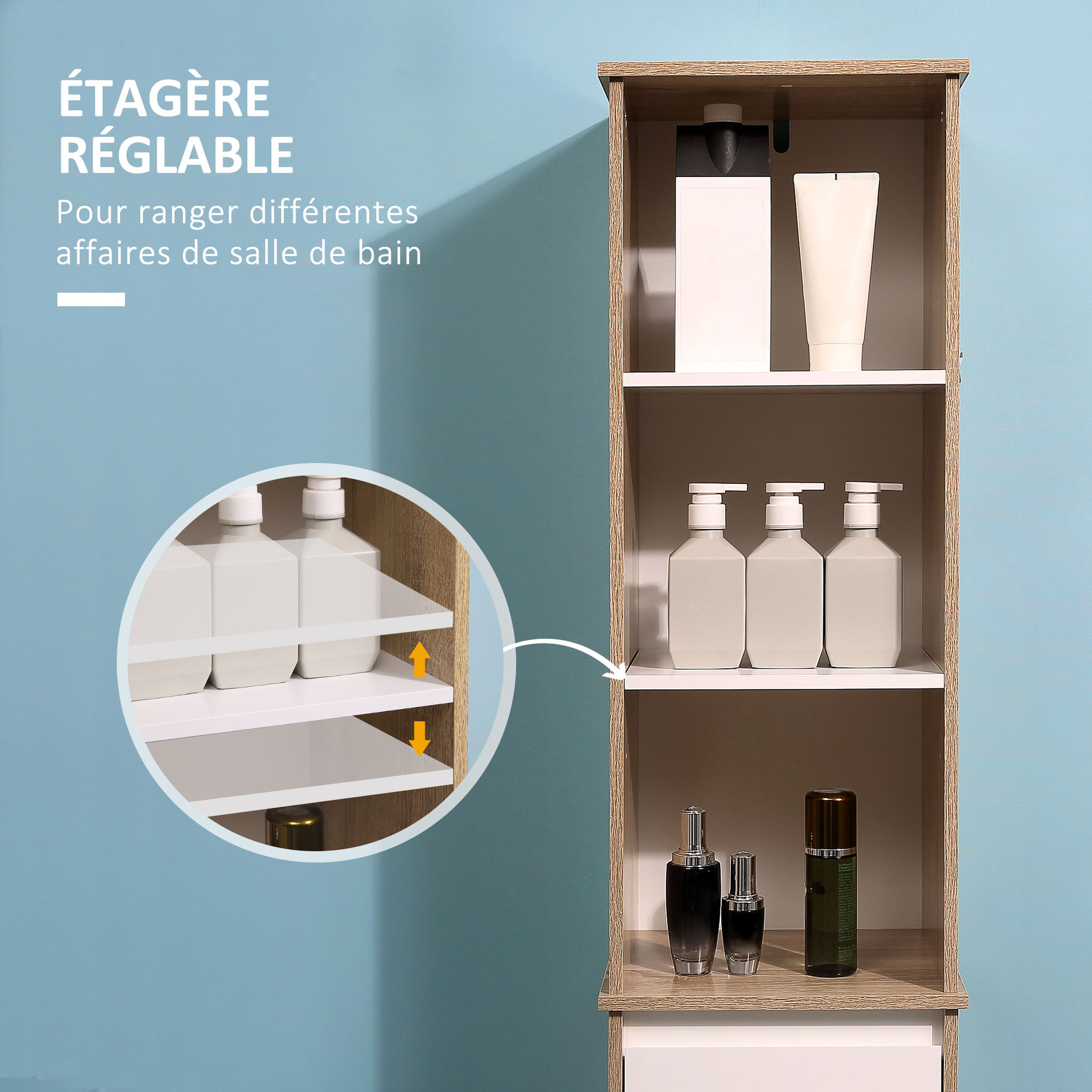 Voir la diapositive 5 : KLEANKIN Meuble colonne rangement salle de bain style cosy 3 niches tiroir placard avec étagère blanc aspect chêne clair